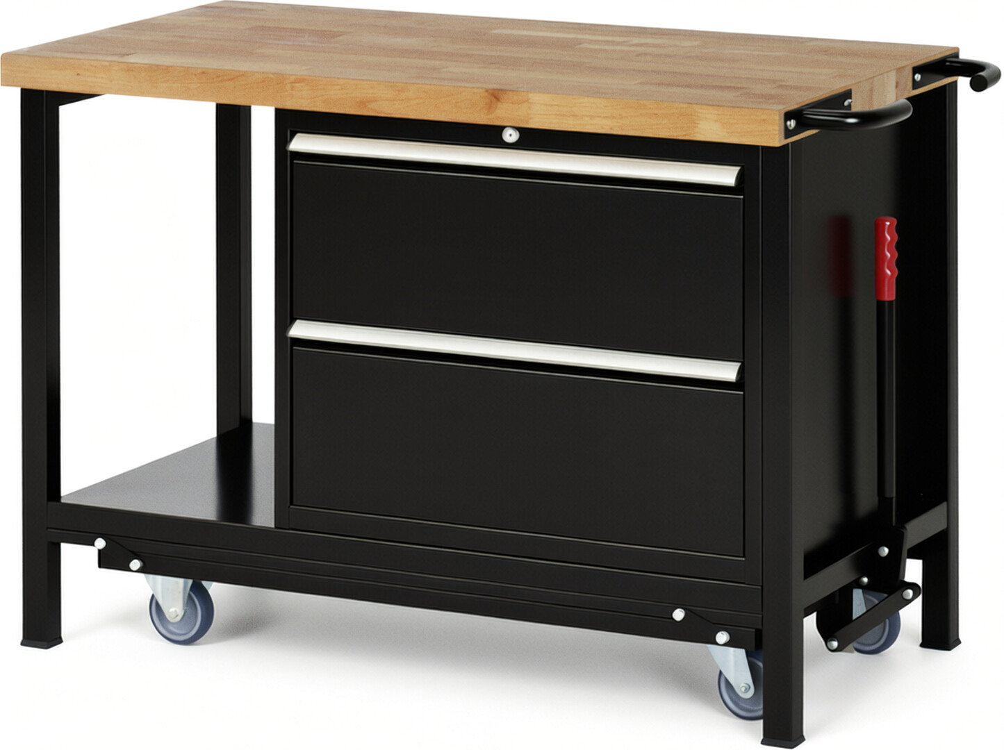 Absenkbare Werkbank Modell 8255 schwarz, BxTxH 1250x700x880 mm,  Buche-Massiv Arbeitsplatte 40 mm,  2 Schubladen mit  Vollauszug 100 % und  SoftClosing