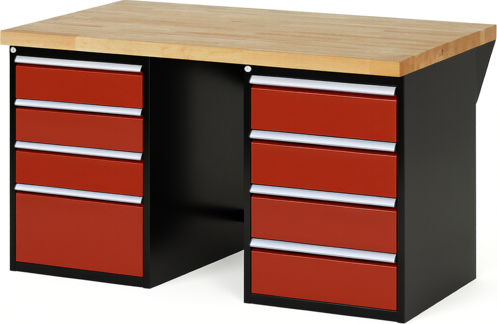 RAU Werkbank schwarz - rot - Breite 150 cm - Tiefe 90 cm - Höhe 84 cm - Buche-Massiv Arbeitsplatte 40 mm