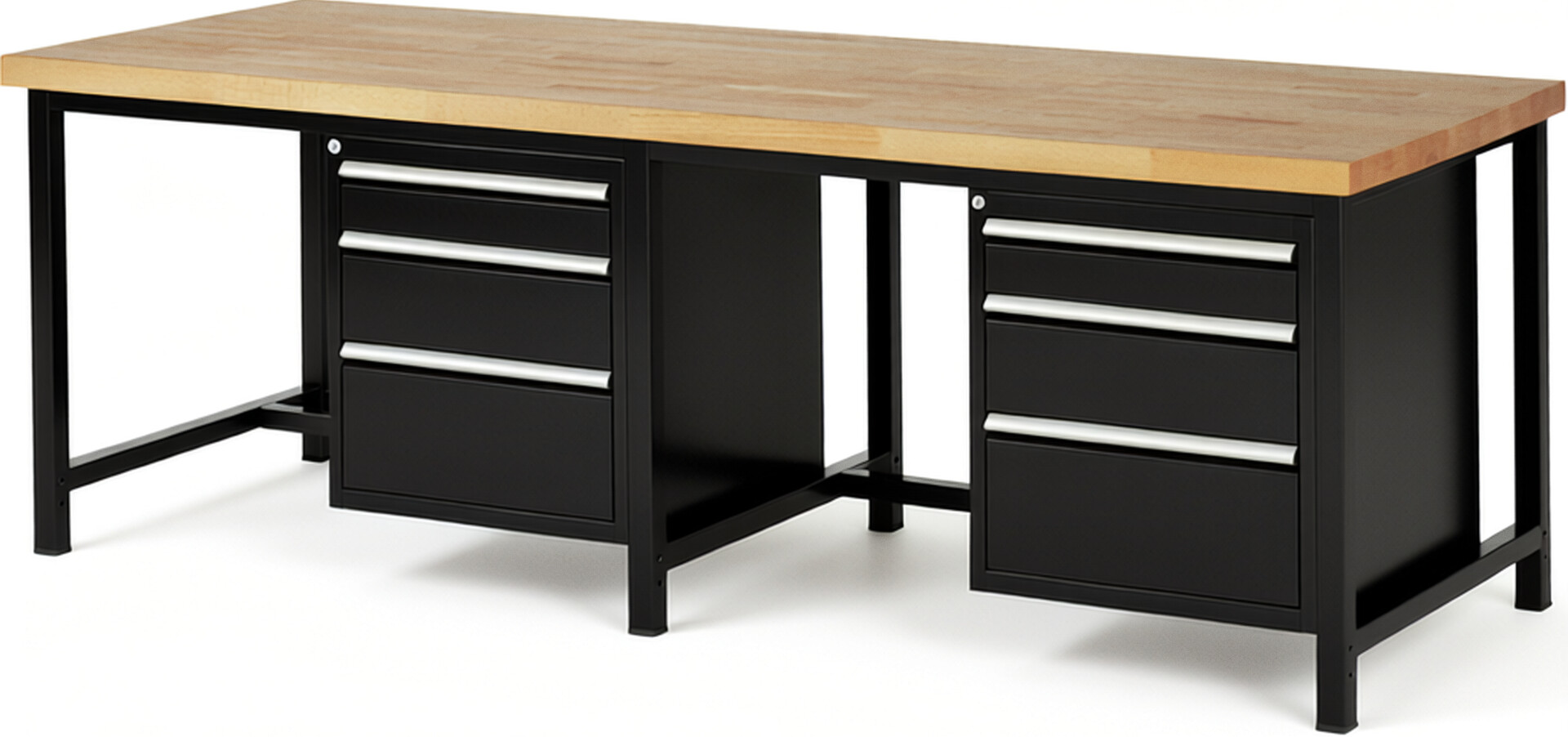 Werkbank Modell 8159 schwarz, BxTxH 2500x900x840-1040 mm,  Buche-Massiv Arbeitsplatte 40 mm,  6 Schubladen mit  Auszug 90 %