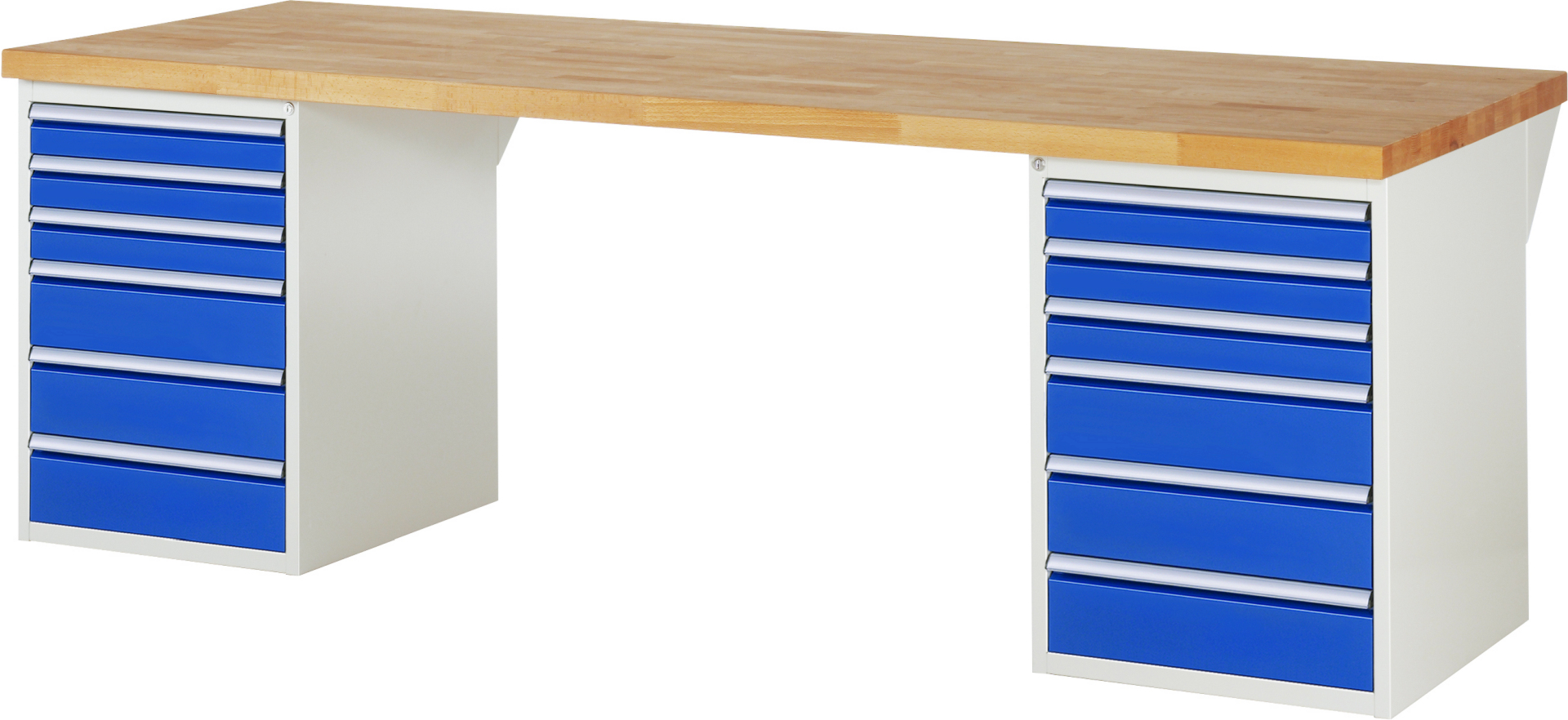 Werkbank Modell 7515 rot, BxTxH 2500x900x840 mm,  Buche-Massiv Arbeitsplatte 40 mm,  12 Schubladen mit  Vollauszug 100 % und  SoftClosing