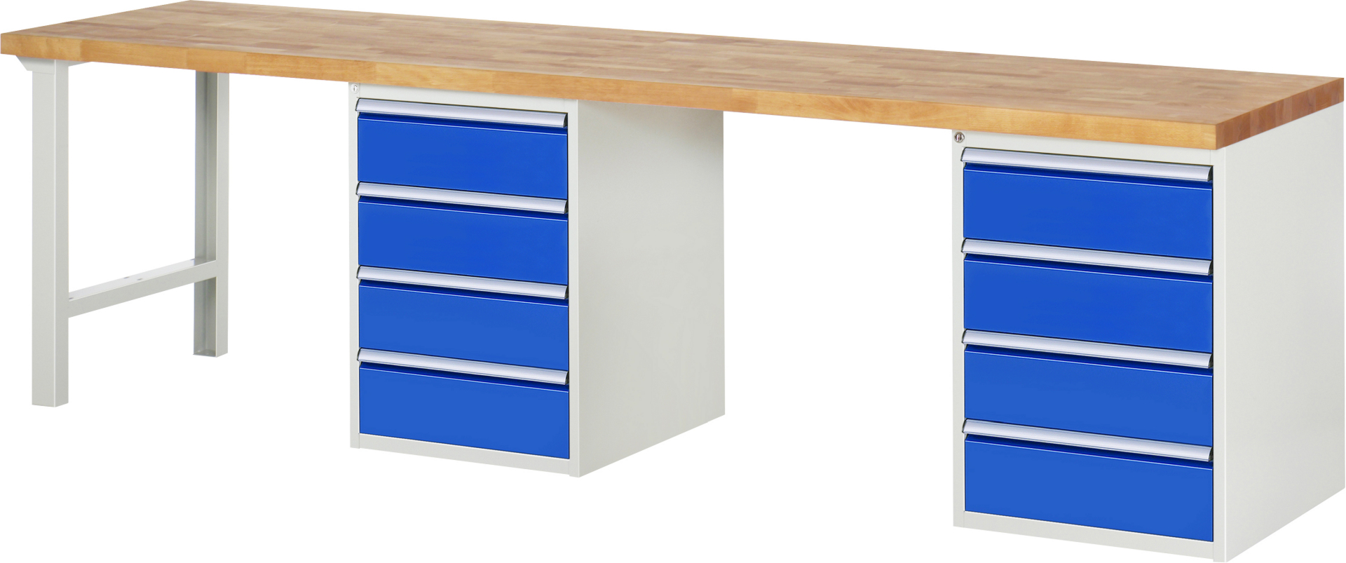 Werkbank Modell 7509 schwarz, BxTxH 3000x700x890 mm,  Buche-Massiv Arbeitsplatte 40 mm,  8 Schubladen mit  Auszug 90 %