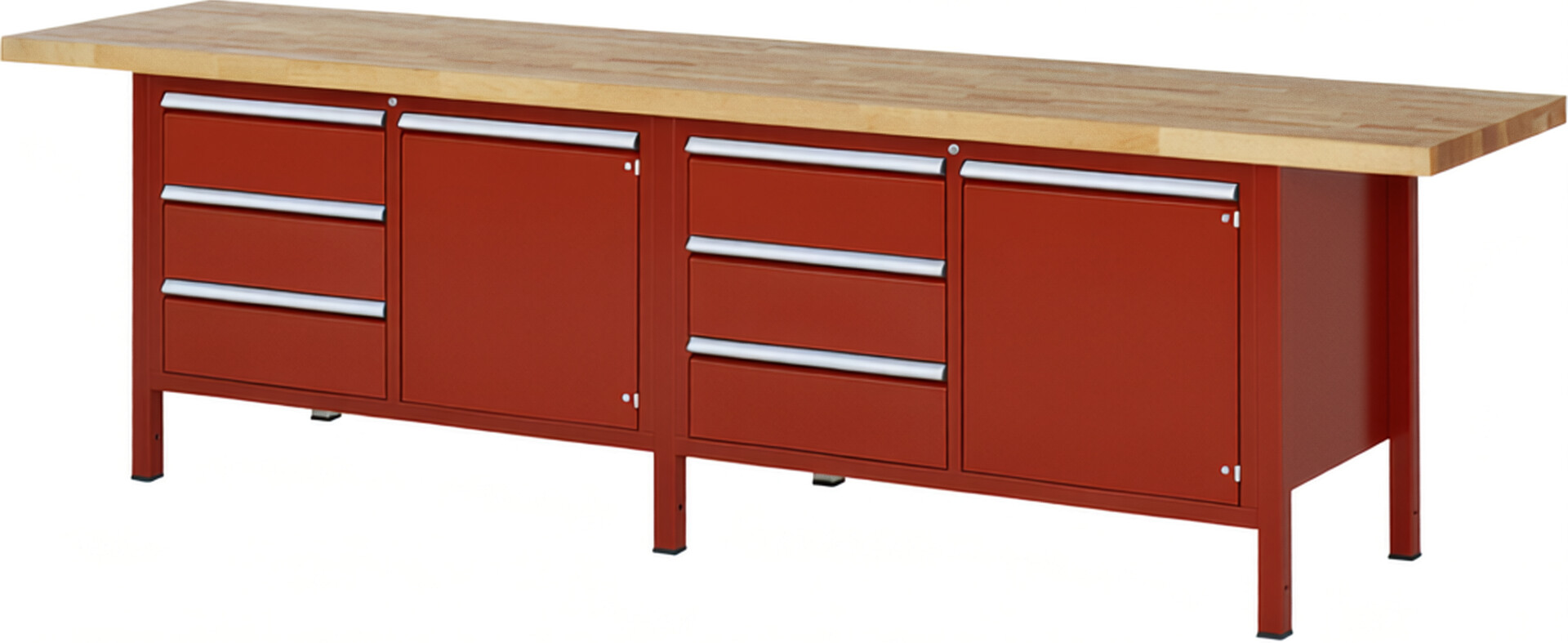 Werkbank Modell 8468 rot, BxTxH 3000x700x840 mm,  Buche-Massiv Arbeitsplatte 40 mm,  6 Schubladen mit  Vollauszug 100 % und  SoftClosing