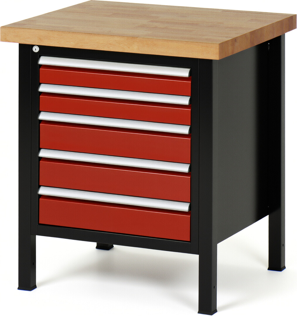 Werkbank Modell 8171 schwarz-rot, BxTxH 750x700x840-1040 mm,  Buche-Massiv Arbeitsplatte 40 mm,  5 Schubladen mit  Vollauszug 100 % und  SoftClosing