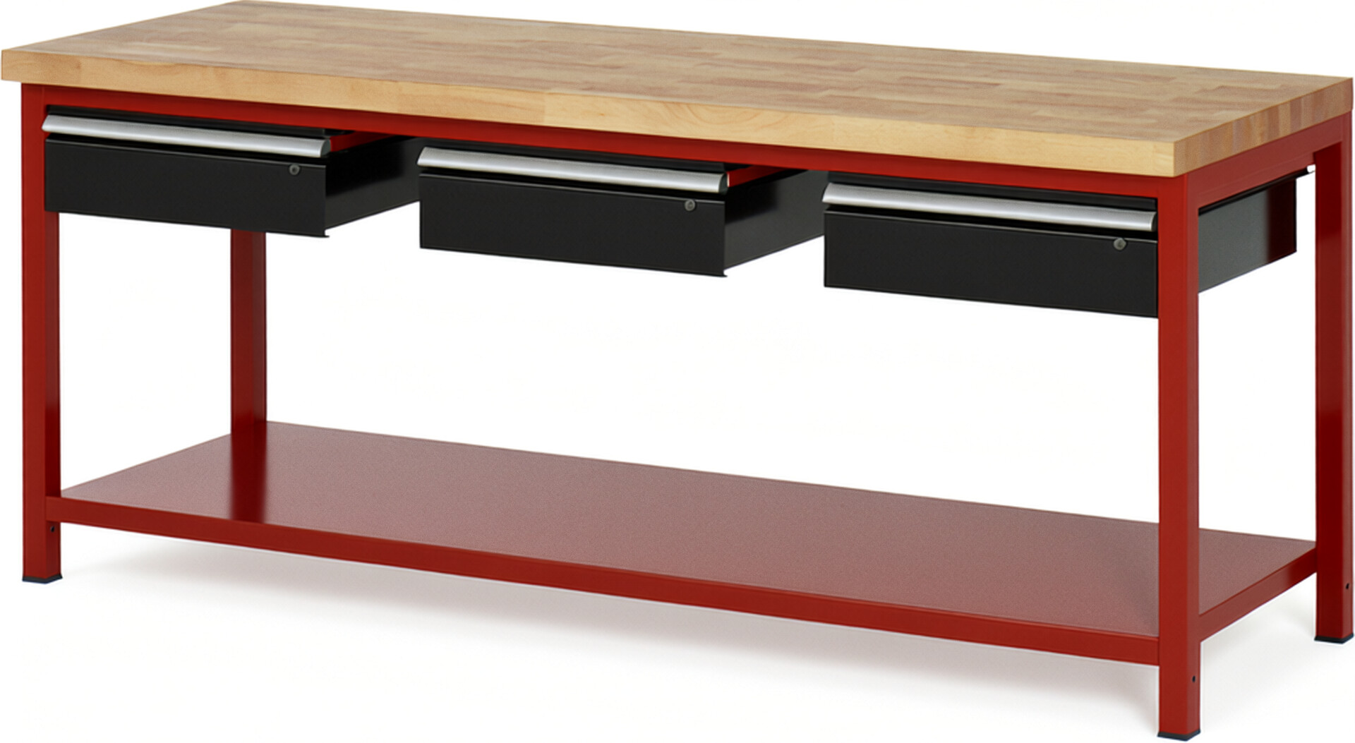 Werkbank Modell 8003 rot - schwarz, BxTxH 2000x700x840-1040 mm,  Buche-Massiv Arbeitsplatte 40 mm,  3 Schubladen mit  Auszug 90 %