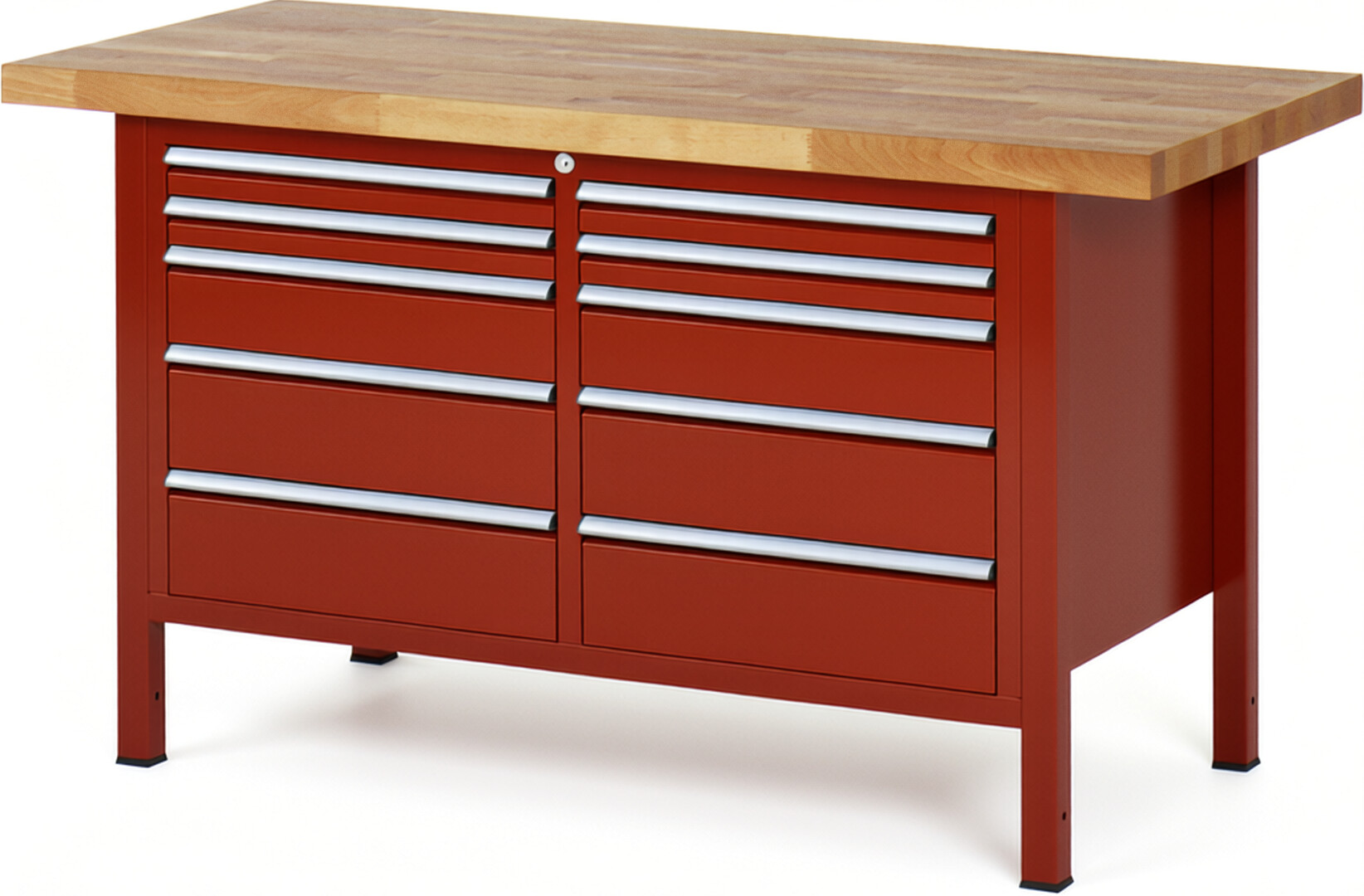 Werkbank Modell 8480 rot, BxTxH 1500x700x840 mm,  Buche-Massiv Arbeitsplatte 40 mm,  10 Schubladen mit  Auszug 90 %