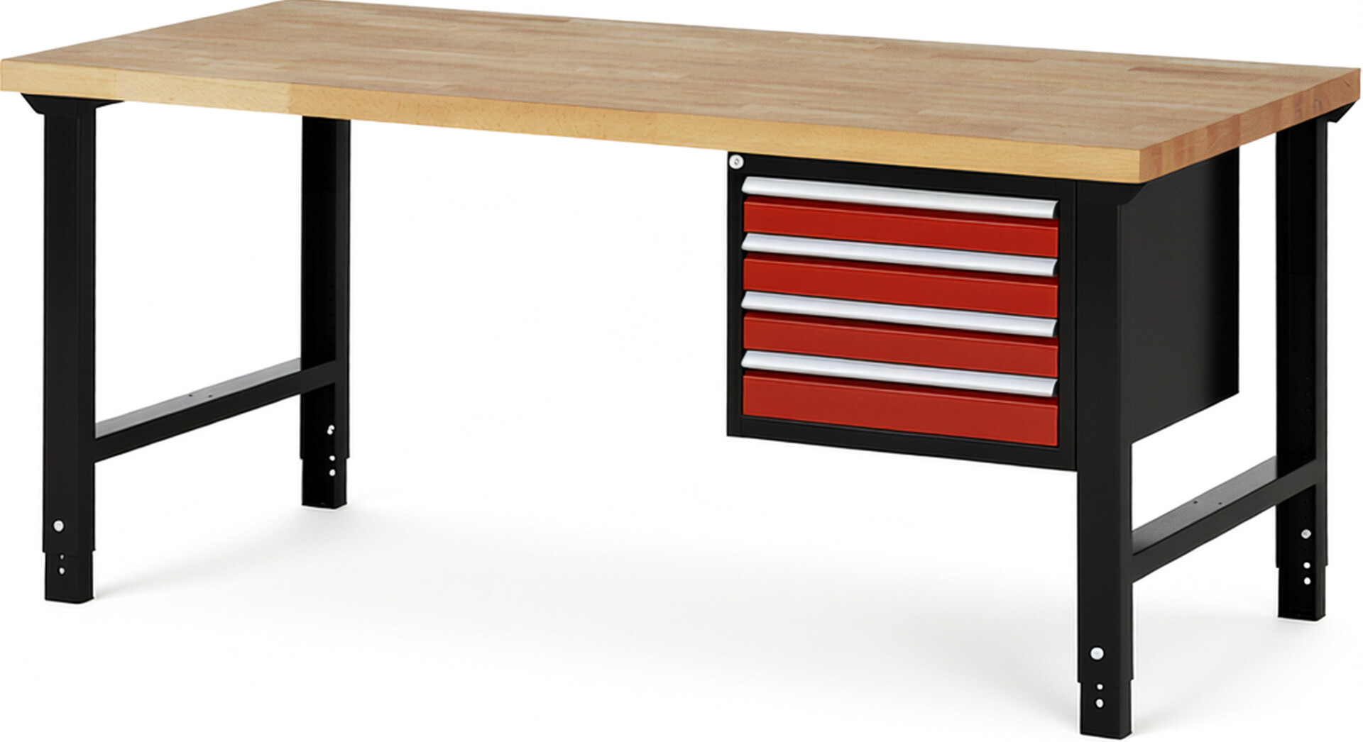 RAU Werkbank schwarz - rot - Breite 200 cm - Tiefe 90 cm - Höhe 114 cm - Buche-Massiv Arbeitsplatte 40 mm