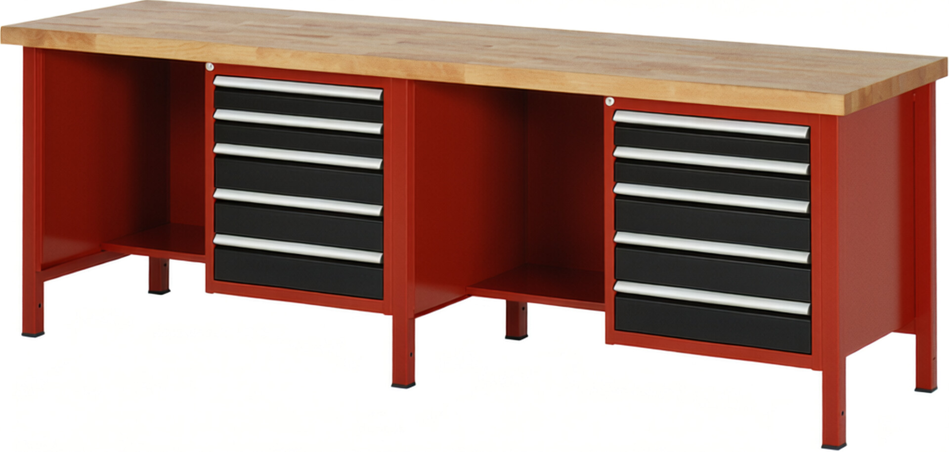Werkbank Modell 8454 rot - schwarz, BxTxH 2500x700x840-1040 mm,  Buche-Massiv Arbeitsplatte 40 mm,  10 Schubladen mit  Vollauszug 100 % und  SoftClosing