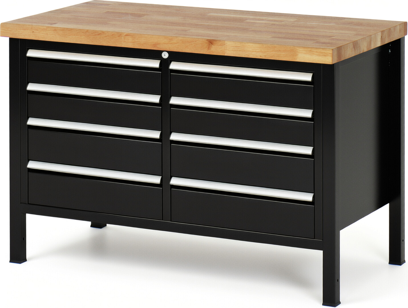 Werkbank Modell 8477 schwarz, BxTxH 1250x700x840 mm,  Buche-Massiv Arbeitsplatte 40 mm,  8 Schubladen mit  Vollauszug 100 % und  SoftClosing