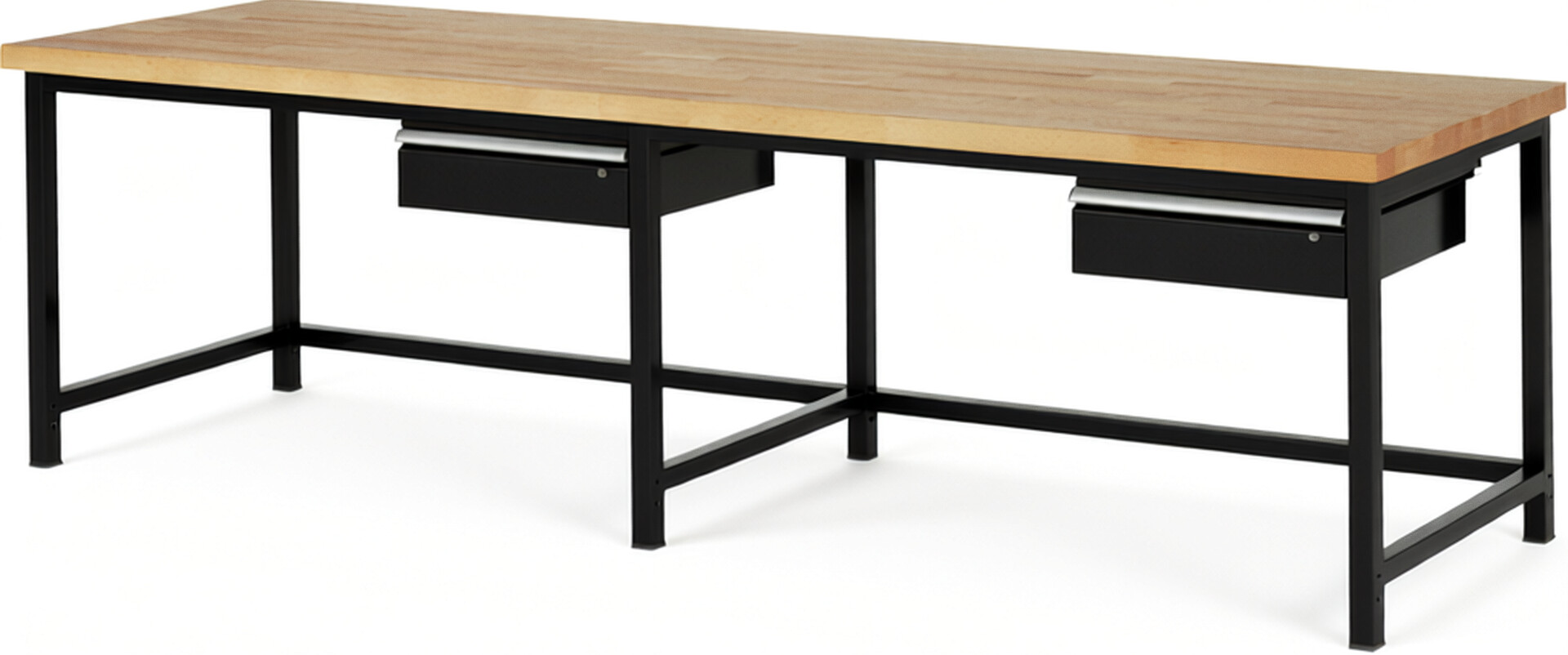 Werkbank Modell 8001 schwarz, BxTxH 3000x900x840-1040 mm,  Buche-Massiv Arbeitsplatte 40 mm,  2 Schubladen mit  Auszug 90 %