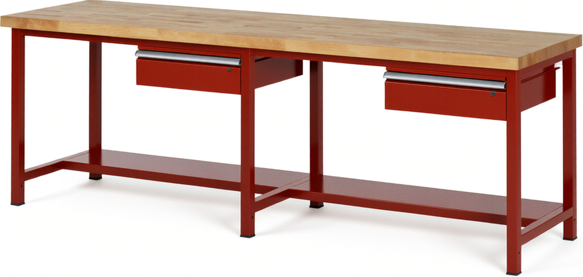 Werkbank Modell 8001 rot, BxTxH 2500x900x840-1040 mm,  Buche-Massiv Arbeitsplatte 40 mm,  2 Schubladen mit  Auszug 90 %
