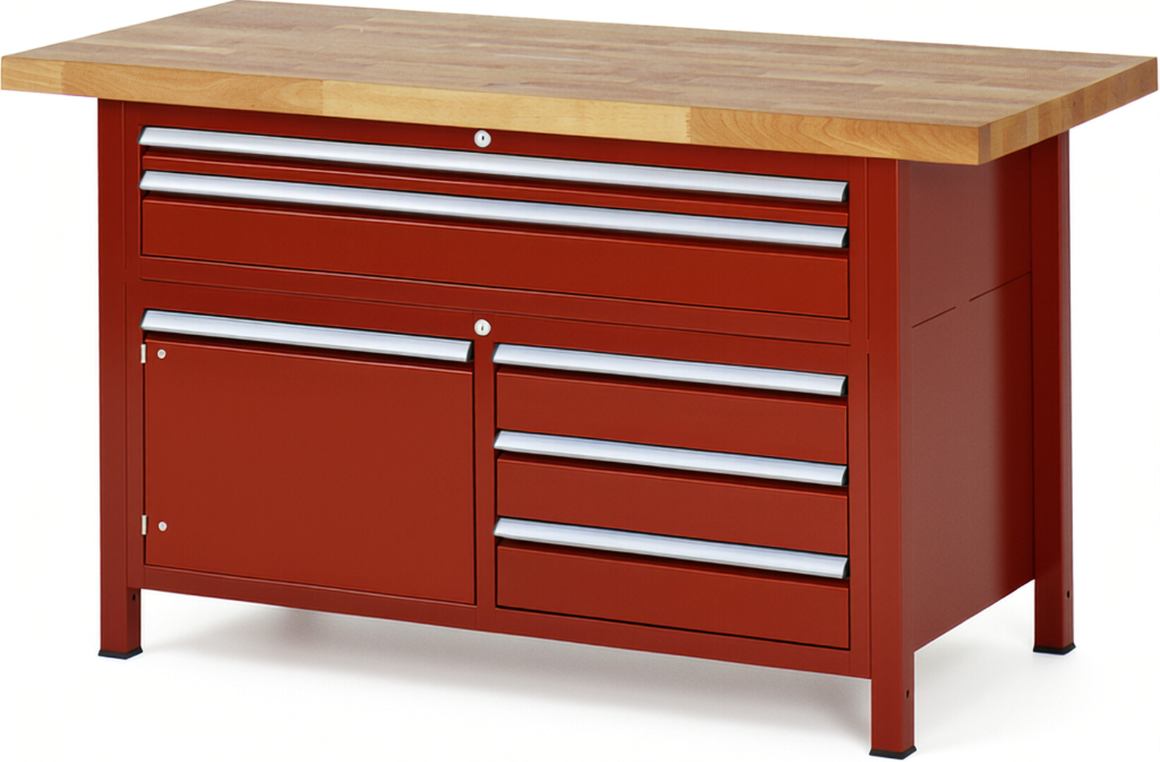 Werkbank Modell 8922 rot, BxTxH 1500x700x840-1040 mm,  Buche-Massiv Arbeitsplatte 40 mm,  5 Schubladen mit  Vollauszug 100 % und  SoftClosing
