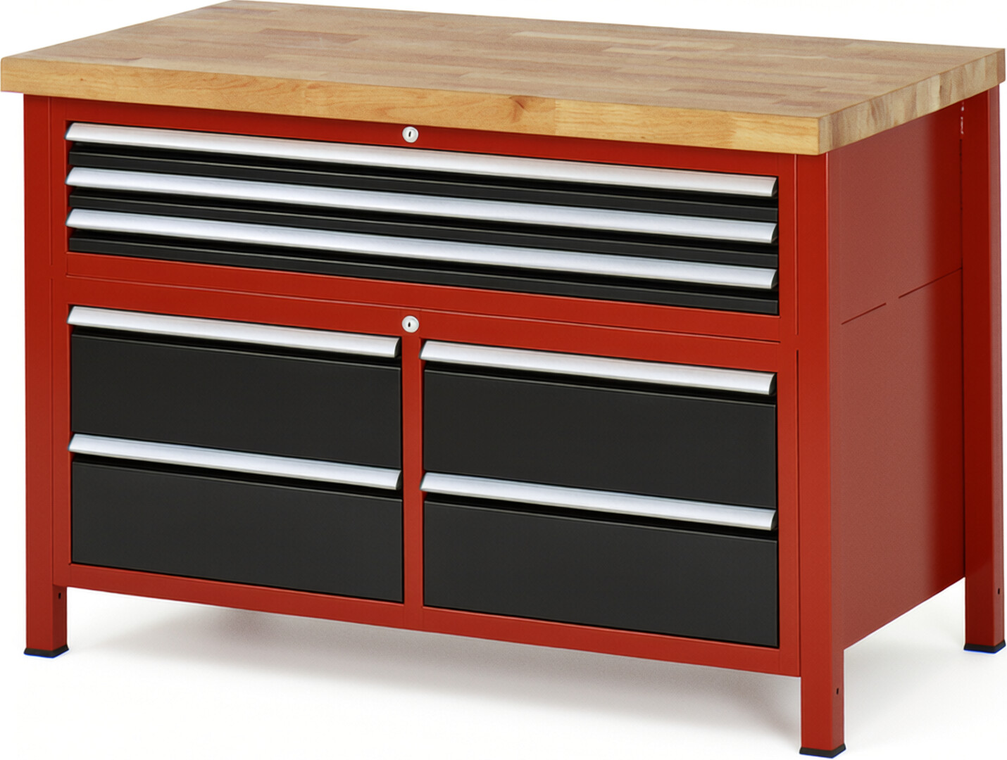 Werkbank Modell 8924 rot - schwarz, BxTxH 1250x700x840 mm,  Buche-Massiv Arbeitsplatte 40 mm,  7 Schubladen mit  Vollauszug 100 % und  SoftClosing