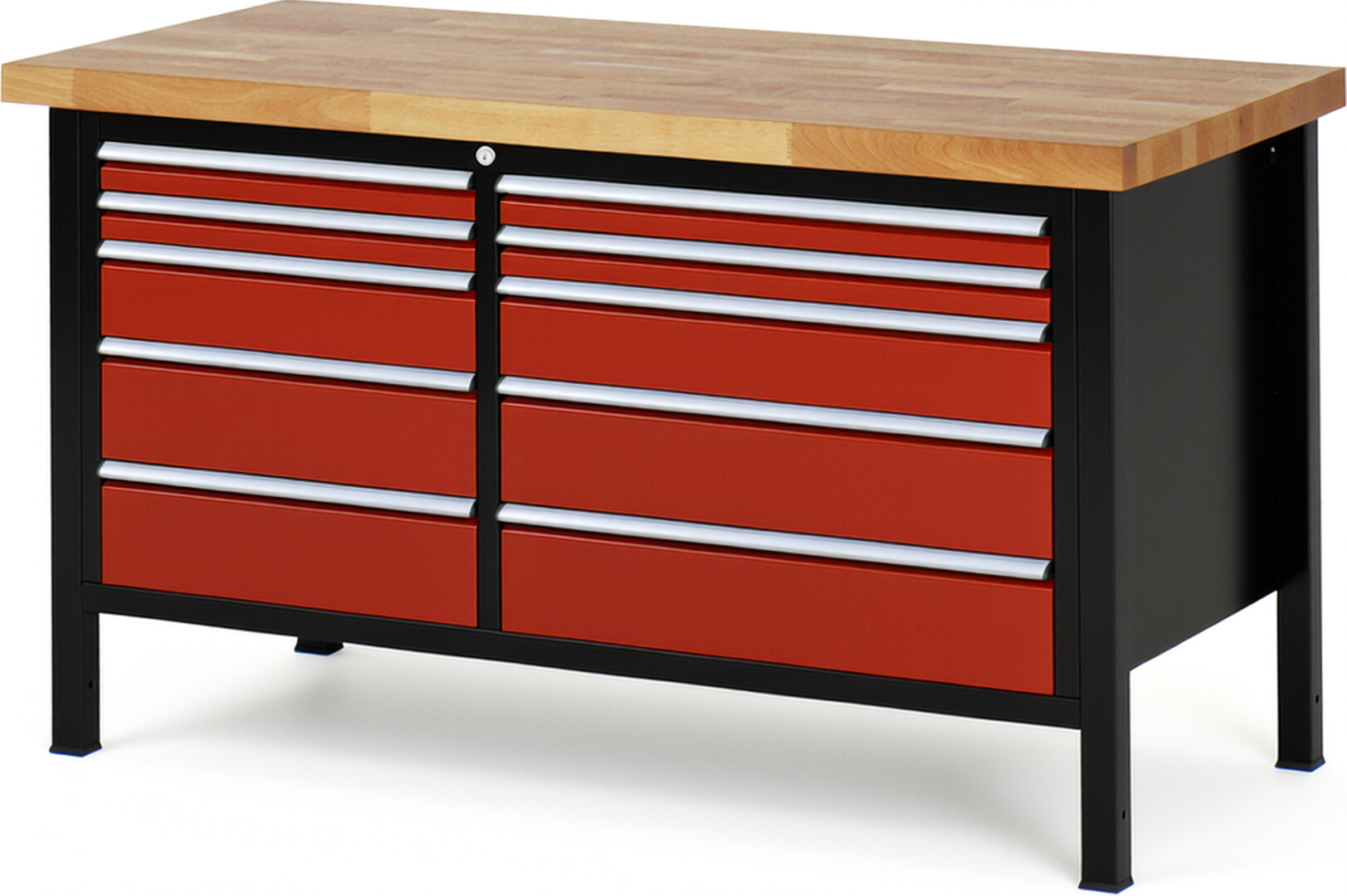 Werkbank Modell 8656 schwarz-rot, BxTxH 1500x700x840 mm,  Buche-Massiv Arbeitsplatte 40 mm,  10 Schubladen mit  Vollauszug 100 % und  SoftClosing
