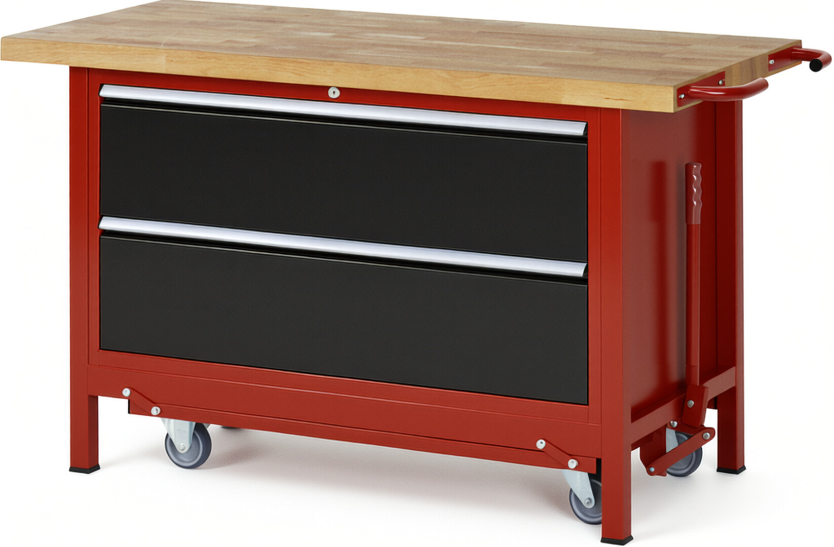 Absenkbare Werkbank Modell 8355 rot - schwarz, BxTxH 1500x700x880 mm,  Buche-Massiv Arbeitsplatte 40 mm,  2 Schubladen mit  Auszug 90 %