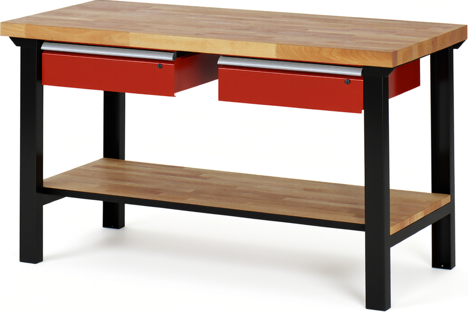 RAU Werkbank schwarz - rot - Breite 150 cm - Tiefe 70 cm - Höhe 84 cm - Buche-Massiv Arbeitsplatte 40 mm