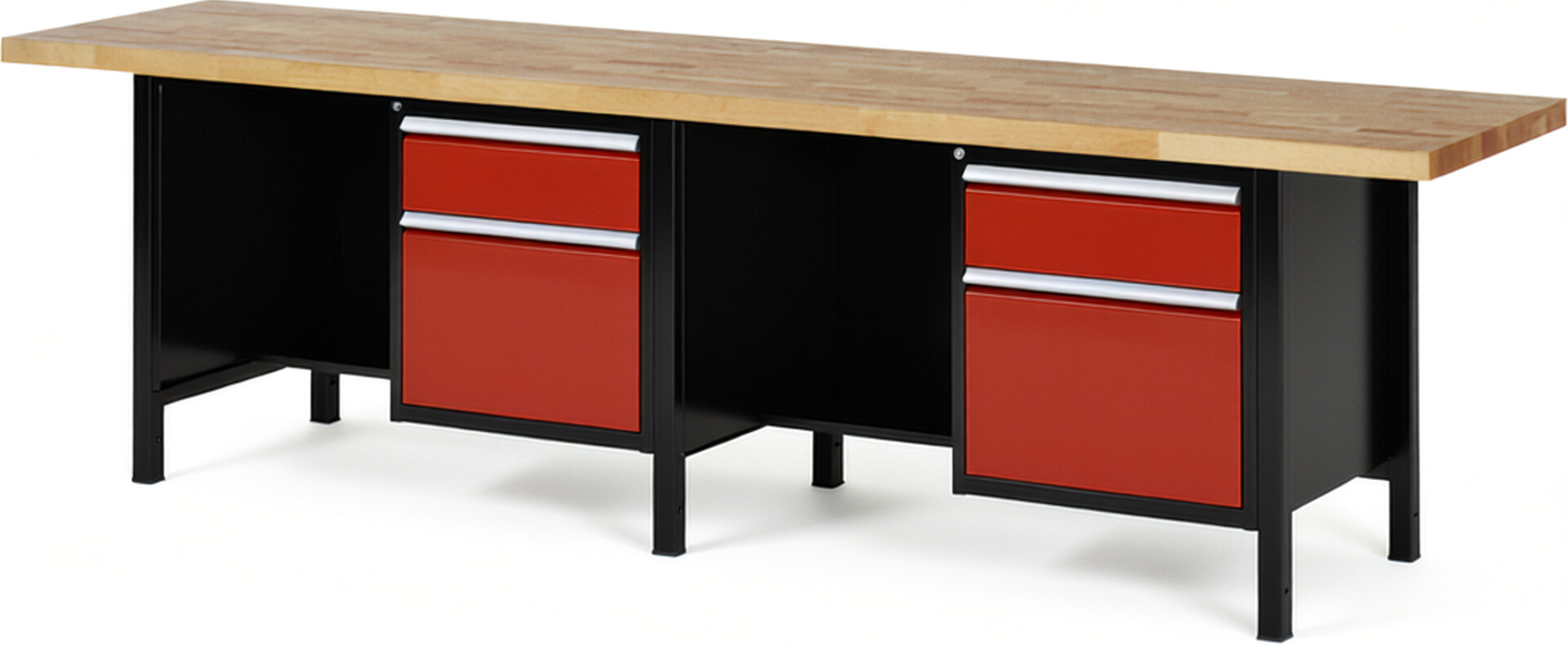 RAU Werkbank schwarz - rot - Breite 300 cm - Tiefe 70 cm - Höhe 104 cm - Buche-Massiv Arbeitsplatte 40 mm