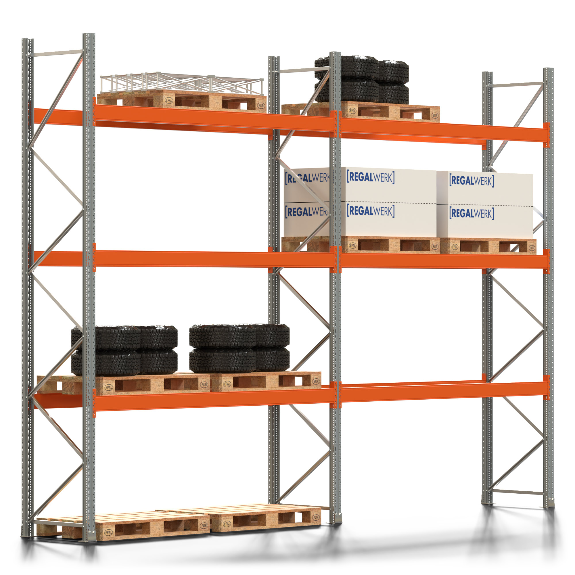Palettenregal ARTUS - Breite 565,5 cm - Höhe 400 cm - Tiefe 80 cm - 3 Träger-Ebenen - Fachlast 2910 kg - 16 Palettenstellplätze