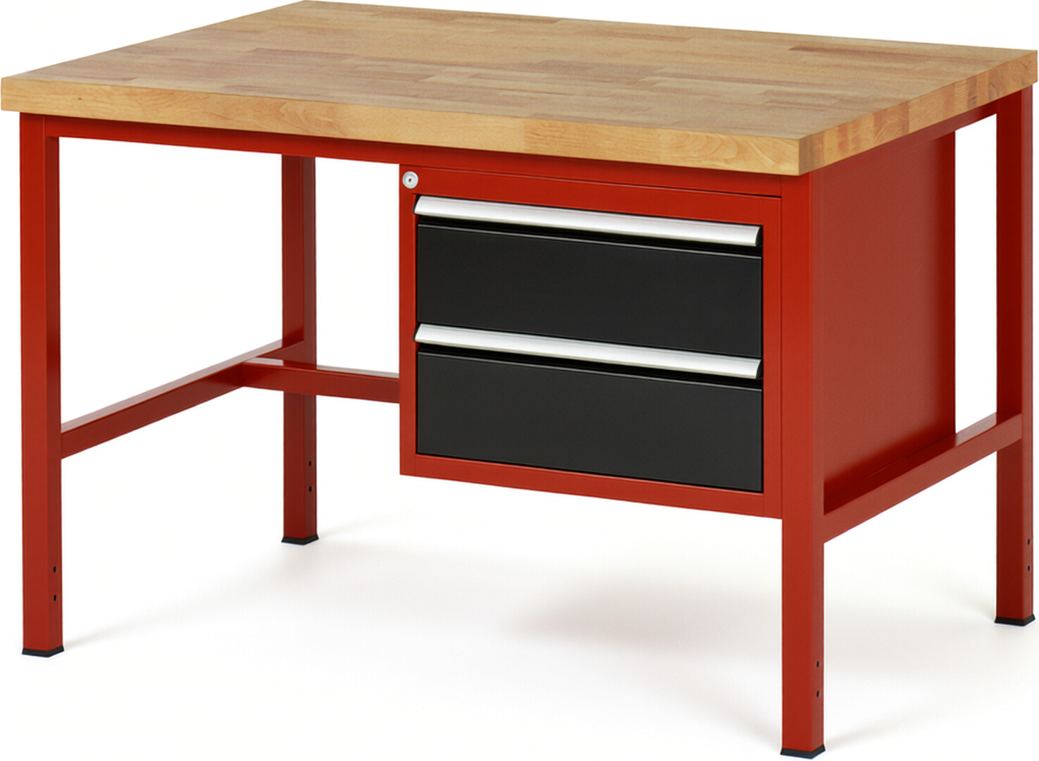 Werkbank Modell 8125 rot - schwarz, BxTxH 1250x900x840 mm,  Buche-Massiv Arbeitsplatte 40 mm,  2 Schubladen mit  Auszug 90 %
