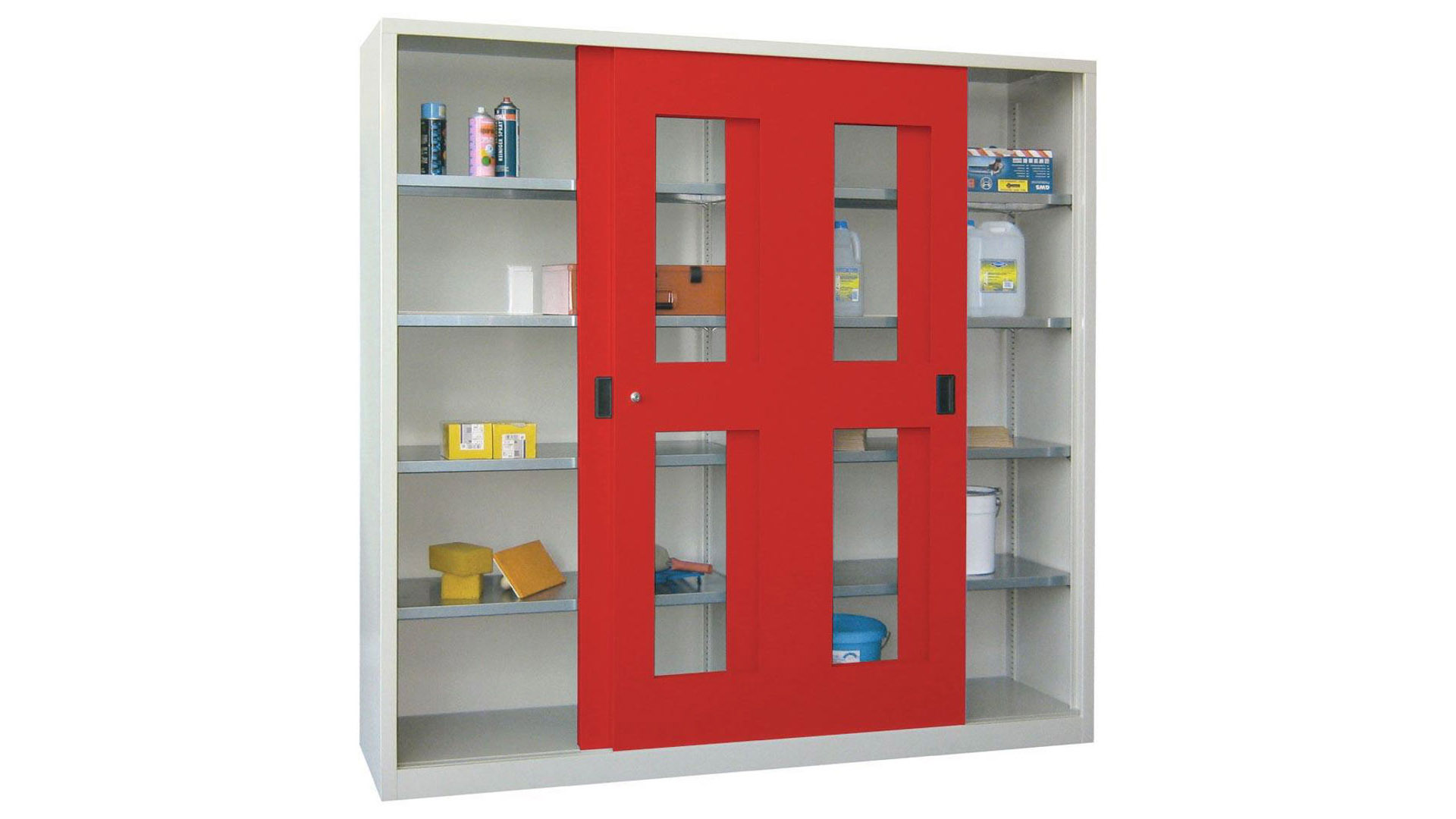 Schiebetürenschrank - Sichtfenstertüren - 1.950x2.000x600 mm (HxBxT) - 8 Böden, verzinkt - Zylinderschloss - lichtgrau/feuerrot