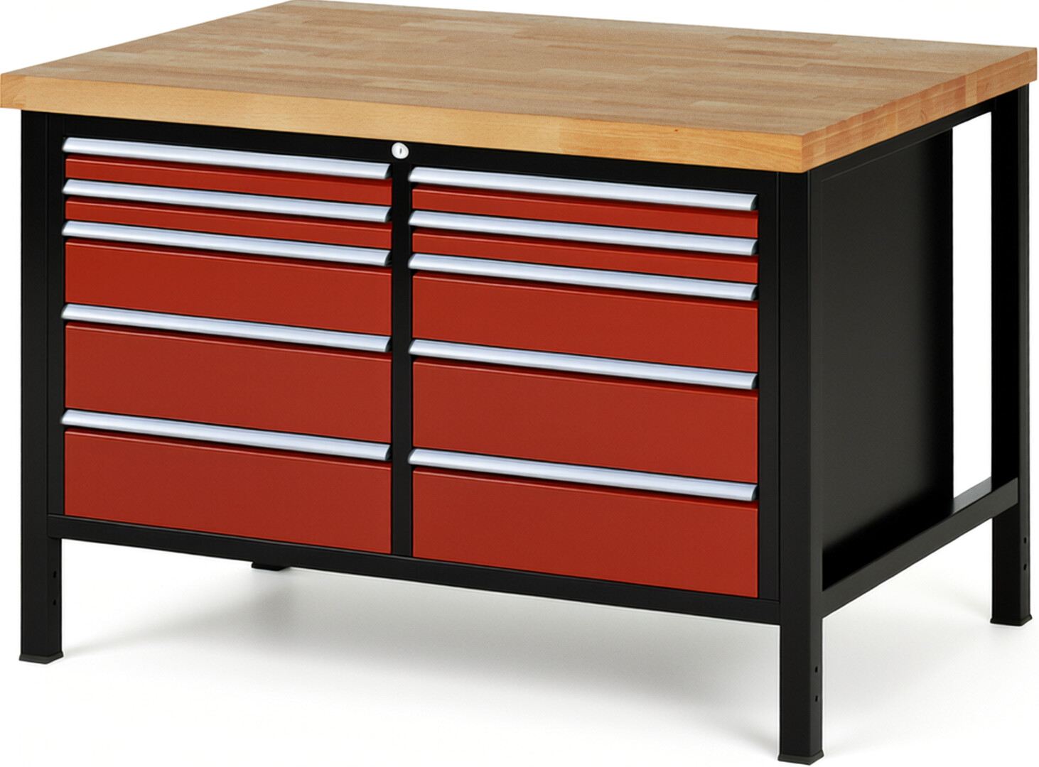 RAU Werkbank schwarz - rot - Breite 125 cm - Tiefe 90 cm - Höhe 104 cm - Buche-Massiv Arbeitsplatte 40 mm