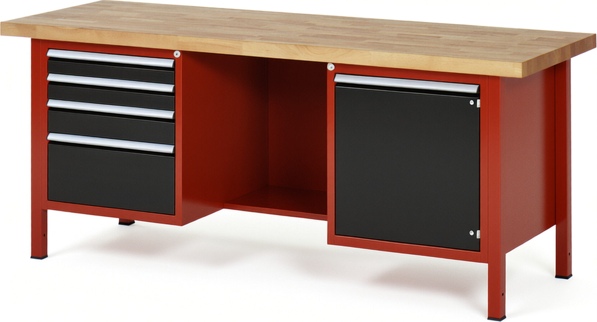 Werkbank Modell 8553 rot - schwarz, BxTxH 2000x700x840-1040 mm,  Buche-Massiv Arbeitsplatte 40 mm,  4 Schubladen mit  Auszug 90 %