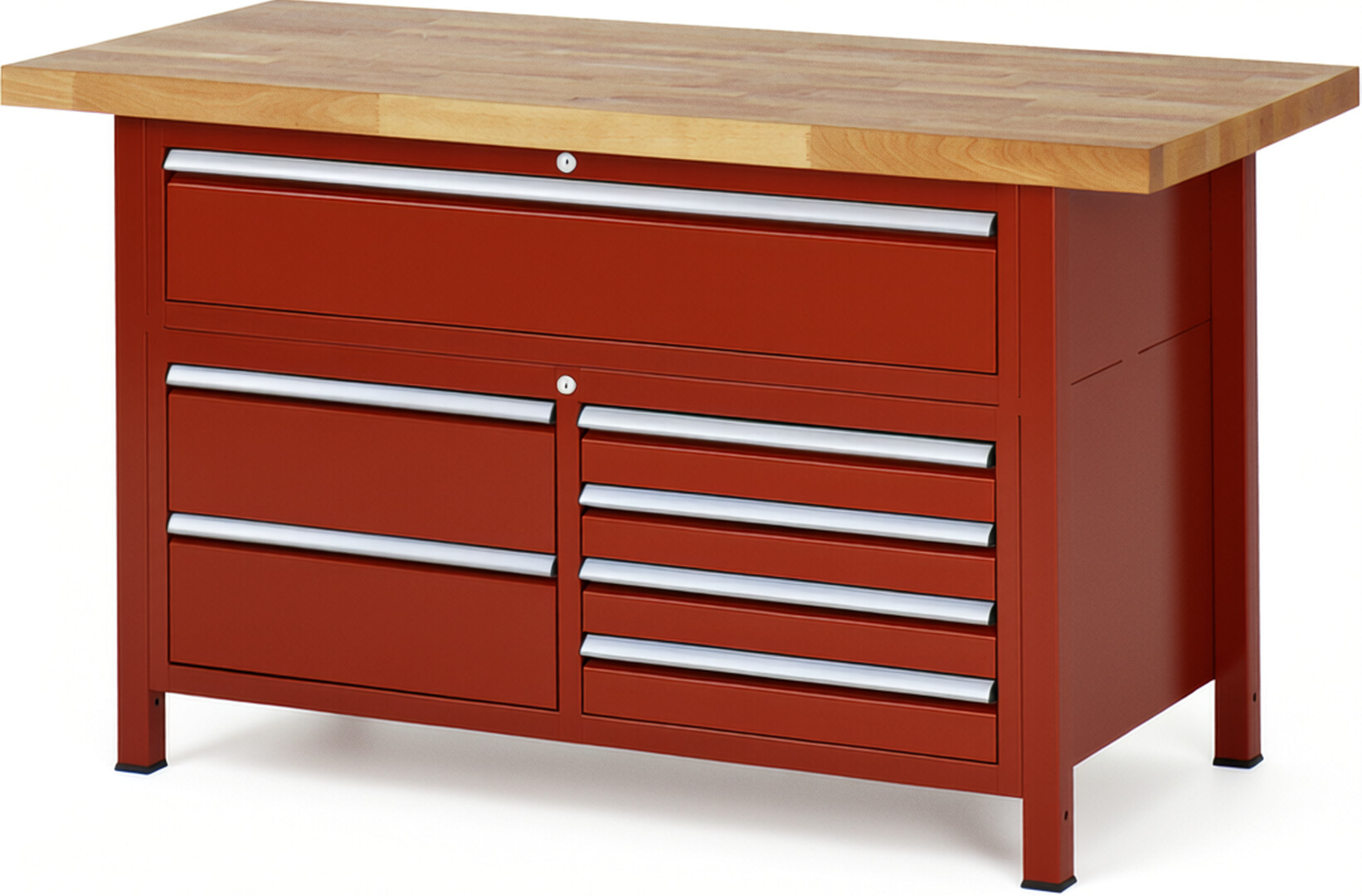 Werkbank Modell 8921 rot, BxTxH 1500x700x840-1040 mm,  Buche-Massiv Arbeitsplatte 40 mm,  7 Schubladen mit  Vollauszug 100 % und  SoftClosing