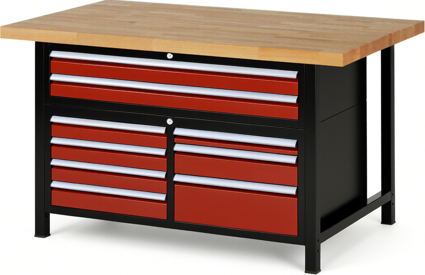 RAU Werkbank schwarz - rot - Breite 150 cm - Tiefe 90 cm - Höhe 104 cm - Buche-Massiv Arbeitsplatte 40 mm