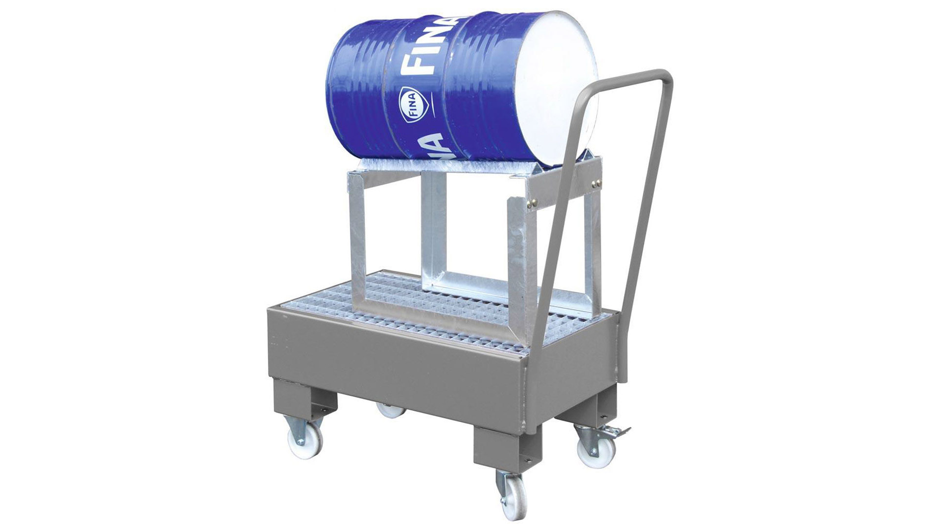 Fahrbare Auffangwanne - Volumen 61 l - mit Gitterrost - mit Fassauflage - mausgrau