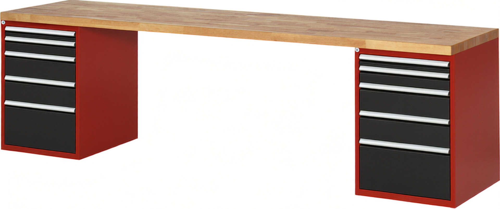 Werkbank Modell 7511 rot - schwarz, BxTxH 3000x700x890 mm,  Buche-Massiv Arbeitsplatte 40 mm,  10 Schubladen mit  Auszug 90 %