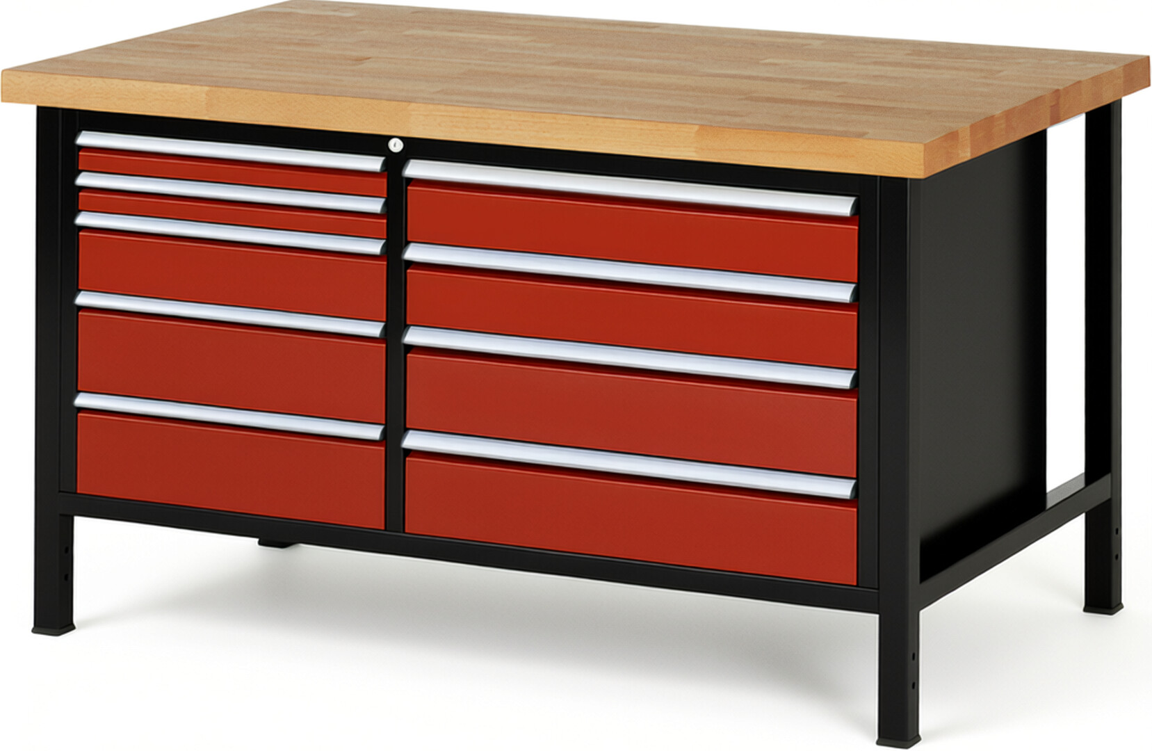 RAU Werkbank schwarz - rot - Breite 150 cm - Tiefe 90 cm - Höhe 84 cm - Buche-Massiv Arbeitsplatte 40 mm