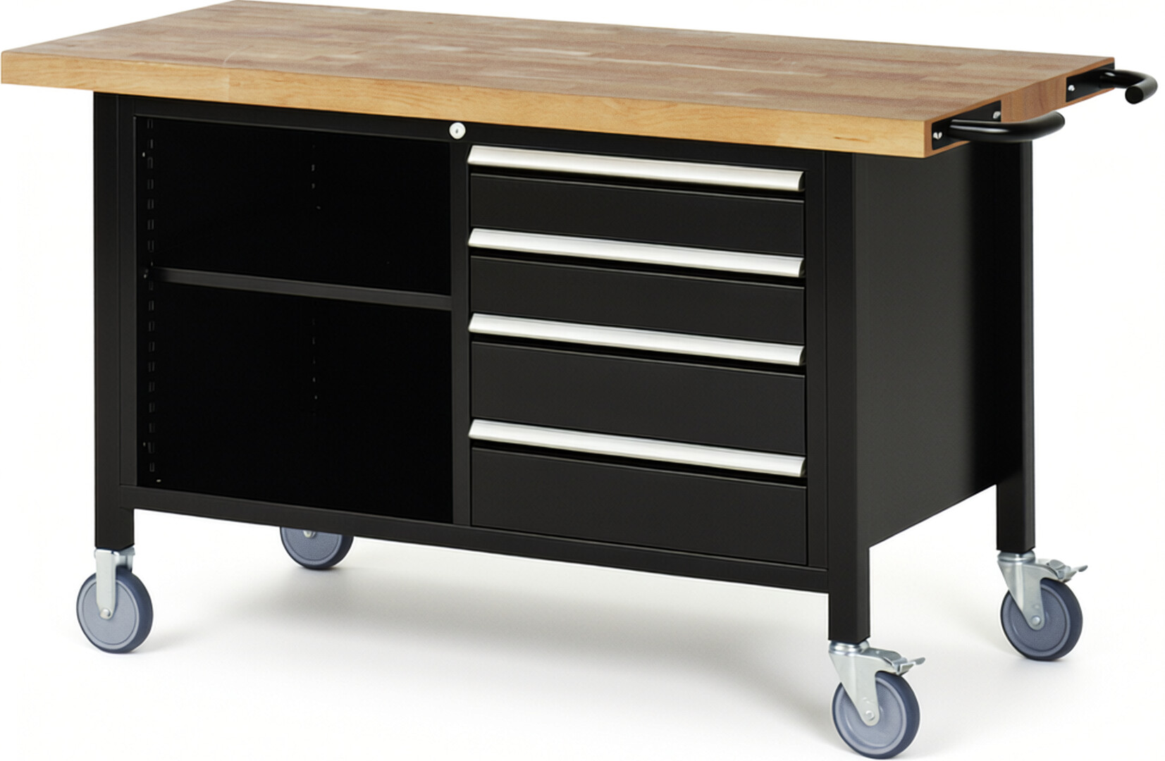 Fahrbare Werkbank Modell 8463 schwarz, BxTxH 1500x700x880 mm,  Buche-Massiv Arbeitsplatte 40 mm,  4 Schubladen mit  Vollauszug 100 % und  SoftClosing