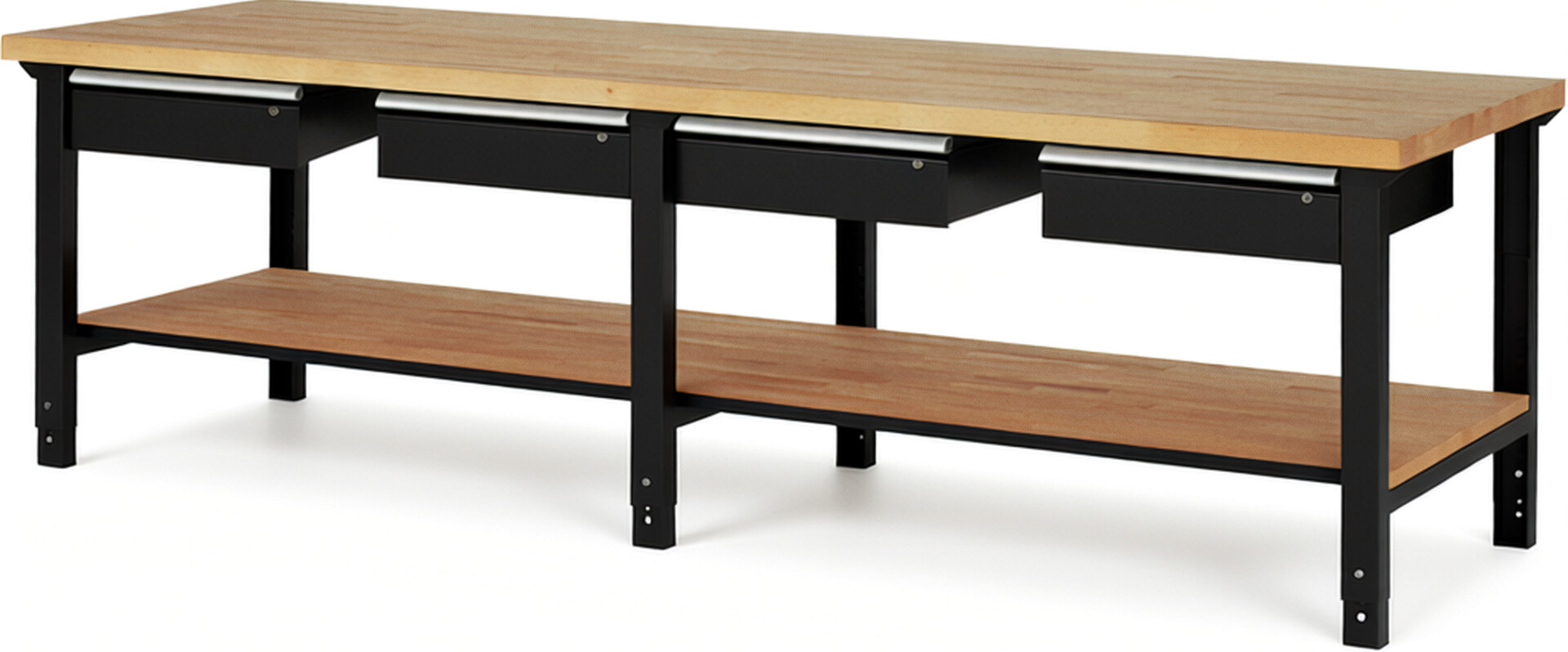 Werkbank Modell 7002 schwarz, BxTxH 3000x900x790-1140 mm,  Buche-Massiv Arbeitsplatte 40 mm,  4 Schubladen mit  Auszug 90 %
