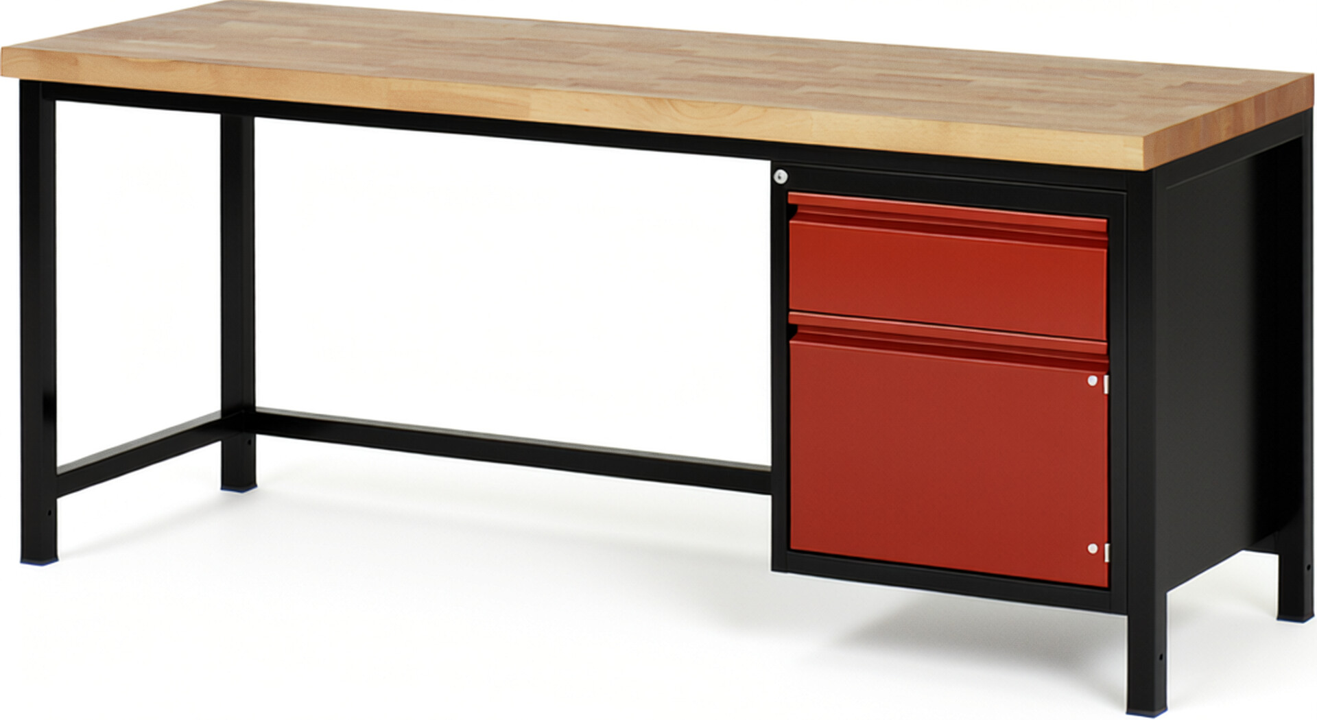 Werkbank schwarz - rot, Breite 200 cm, Tiefe 70 cm, Höhe 104 cm, 1 Schublade(n), Platte: Buche-Massiv-Arbeitsplatte