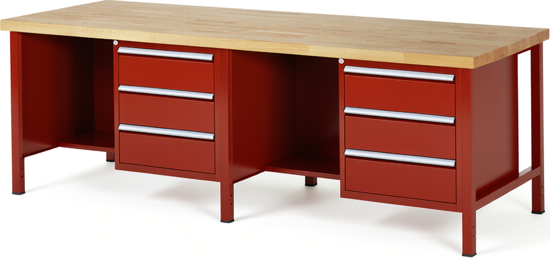 Werkbank Modell 8452 rot, BxTxH 2500x900x840-1040 mm,  Buche-Massiv Arbeitsplatte 40 mm,  6 Schubladen mit  Auszug 90 %