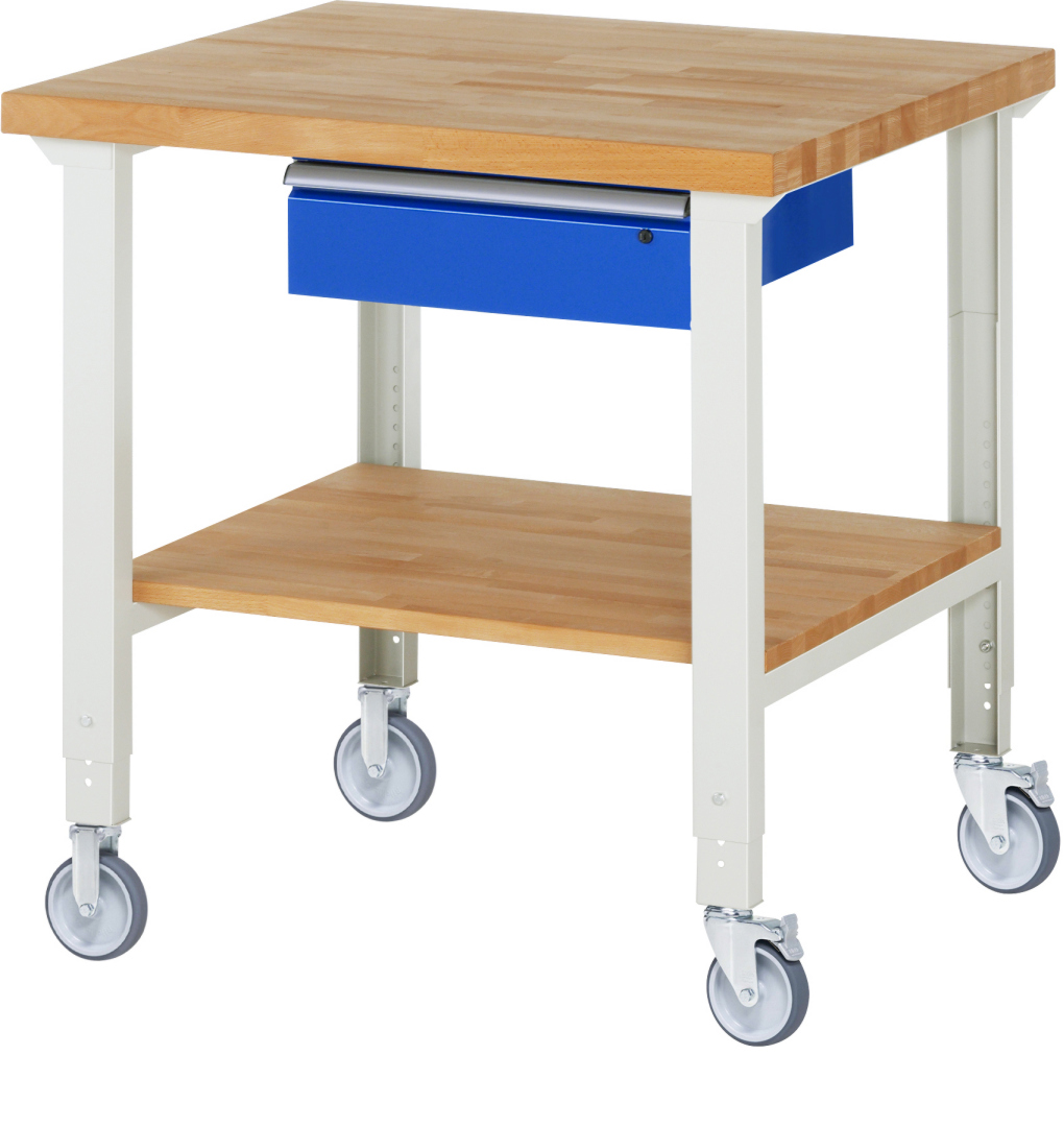 Fahrbare Werkbank Modell 7001 schwarz-rot, BxTxH 1000x900x950-1000 mm,  Buche-Massiv Arbeitsplatte 40 mm,  1 Schublade mit  Auszug 90 %