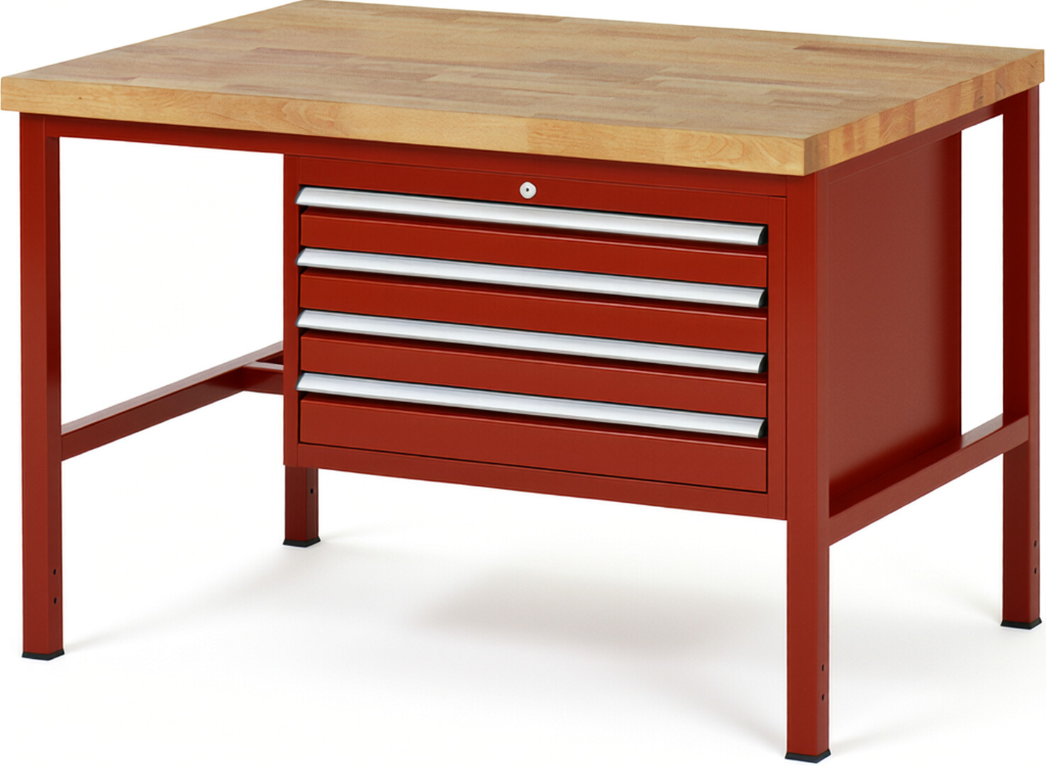 Werkbank Modell 8233 rot, BxTxH 1250x900x840 mm,  Buche-Massiv Arbeitsplatte 40 mm,  4 Schubladen mit  Vollauszug 100 % und  SoftClosing