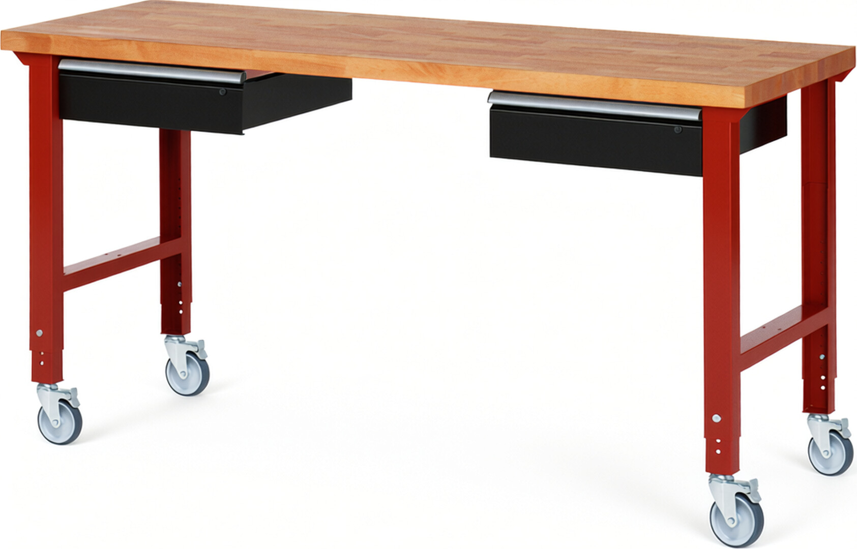 Fahrbare Werkbank Modell 7002 rot - schwarz, BxTxH 2000x700x950-1000 mm,  Buche-Massiv Arbeitsplatte 40 mm,  2 Schubladen mit  Auszug 90 %