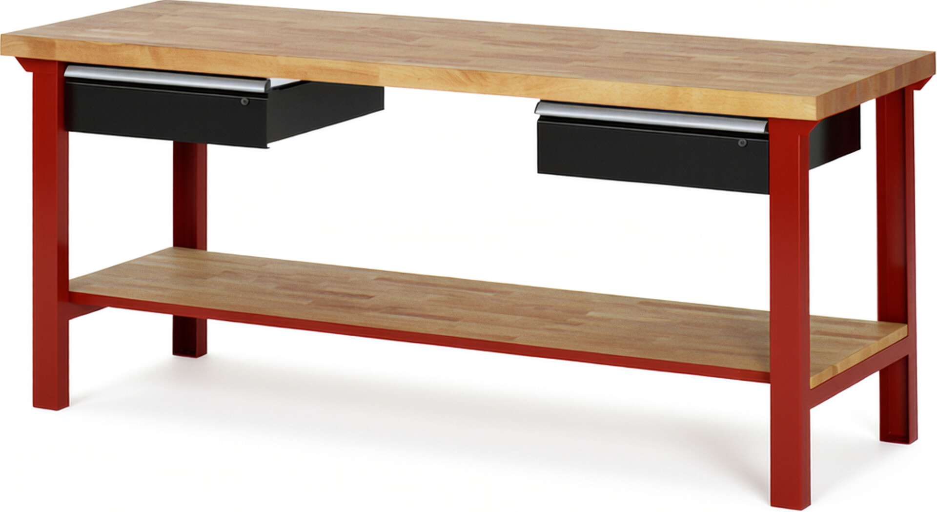 Werkbank Modell 7002 rot - schwarz, BxTxH 2000x700x840 mm,  Buche-Massiv Arbeitsplatte 40 mm,  2 Schubladen mit  Auszug 90 %