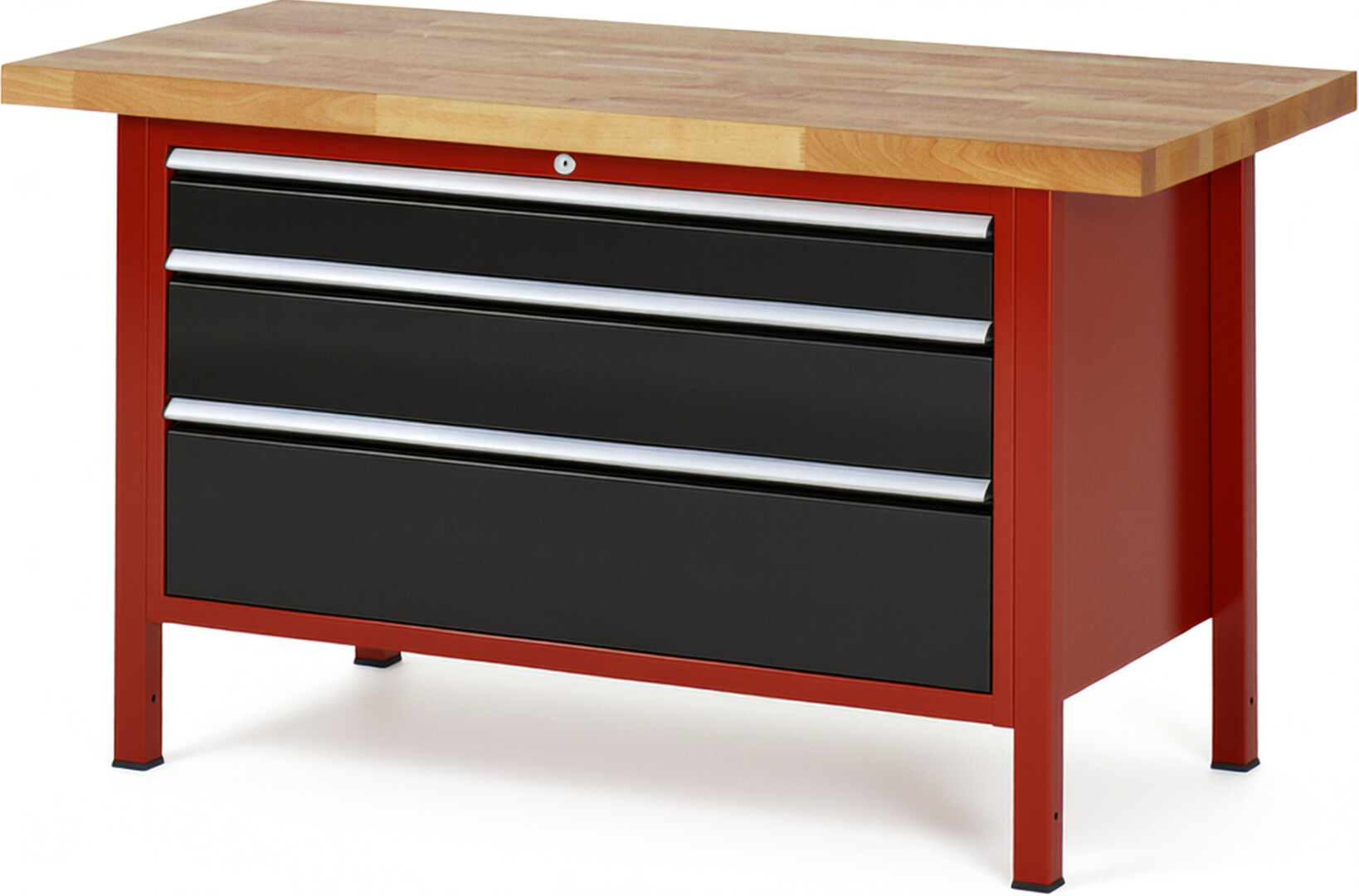 Werkbank Modell 8359 rot - schwarz, BxTxH 1500x700x840-1040 mm,  Buche-Massiv Arbeitsplatte 40 mm,  3 Schubladen mit  Vollauszug 100 % und  SoftClosing