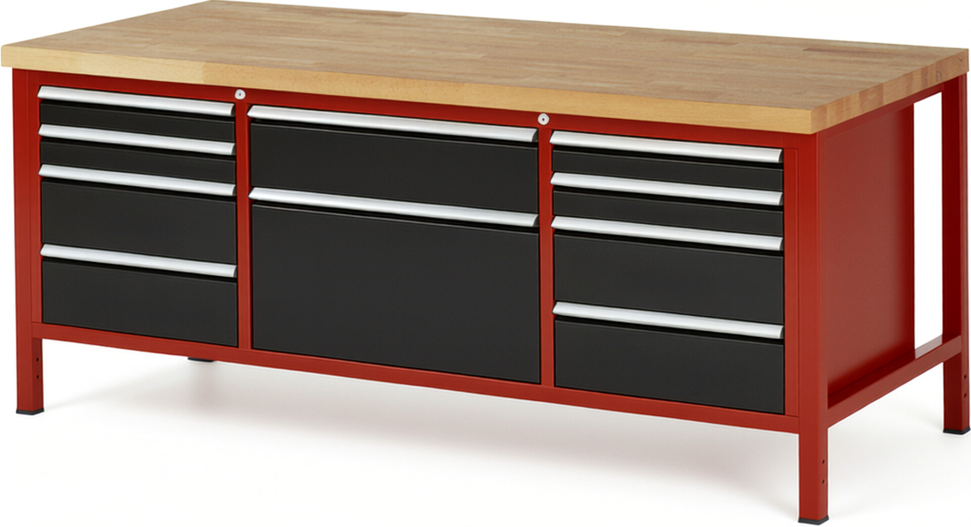 Werkbank Modell 8755 rot - schwarz, BxTxH 2000x900x840 mm,  Buche-Massiv Arbeitsplatte 40 mm,  10 Schubladen mit  Vollauszug 100 % und  SoftClosing