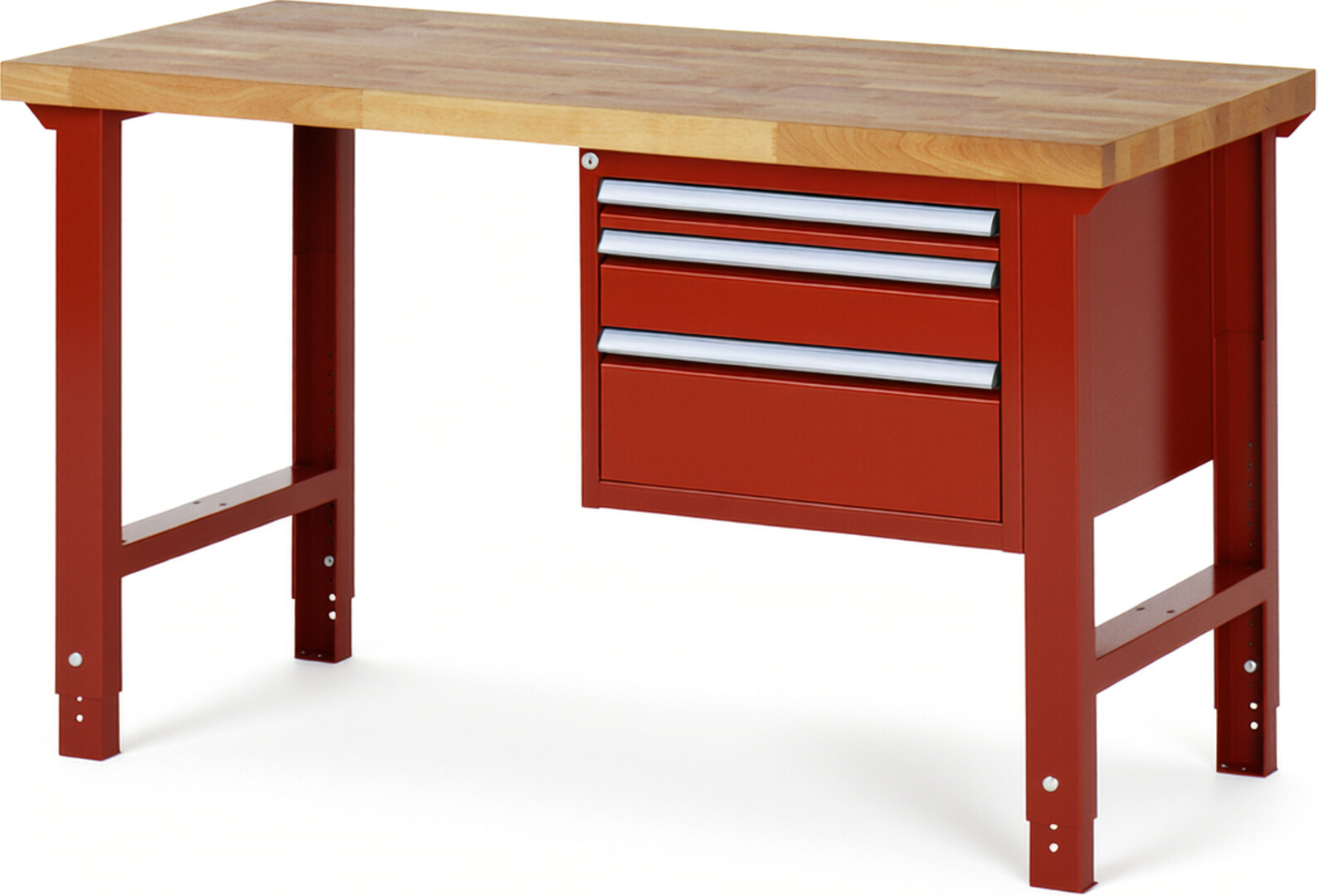Werkbank Modell 7126 rot, BxTxH 1500x700x790-1140 mm,  Buche-Massiv Arbeitsplatte 40 mm,  3 Schubladen mit  Auszug 90 %