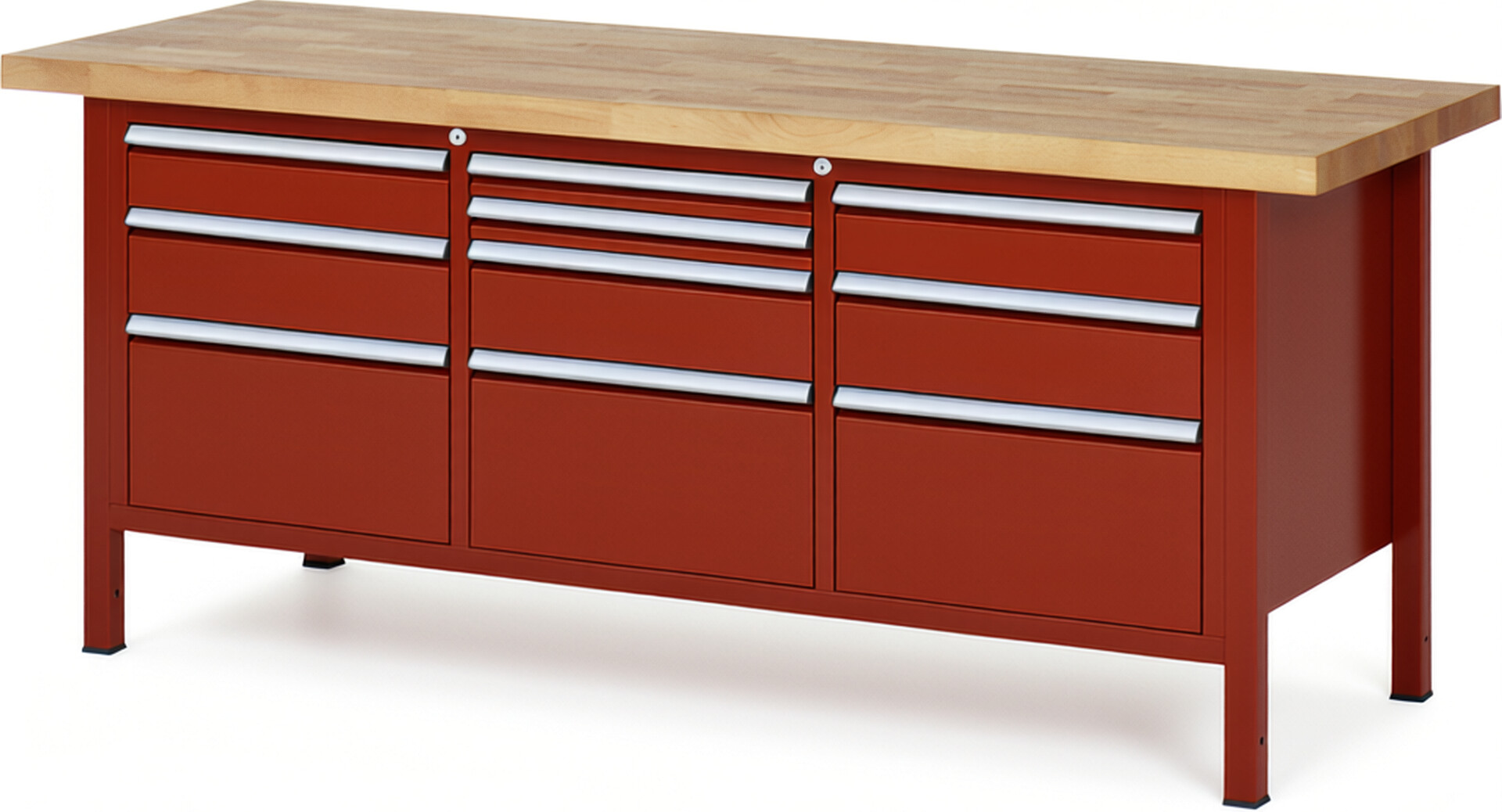 Werkbank Modell 8576 rot, BxTxH 2000x700x840-1040 mm,  Buche-Massiv Arbeitsplatte 40 mm,  10 Schubladen mit  Vollauszug 100 % und  SoftClosing
