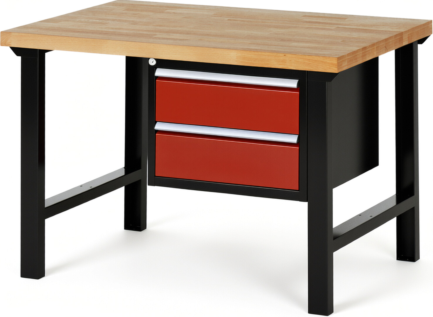 RAU Werkbank schwarz - rot - Breite 125 cm - Tiefe 90 cm - Höhe 84 cm - Buche-Massiv Arbeitsplatte 40 mm