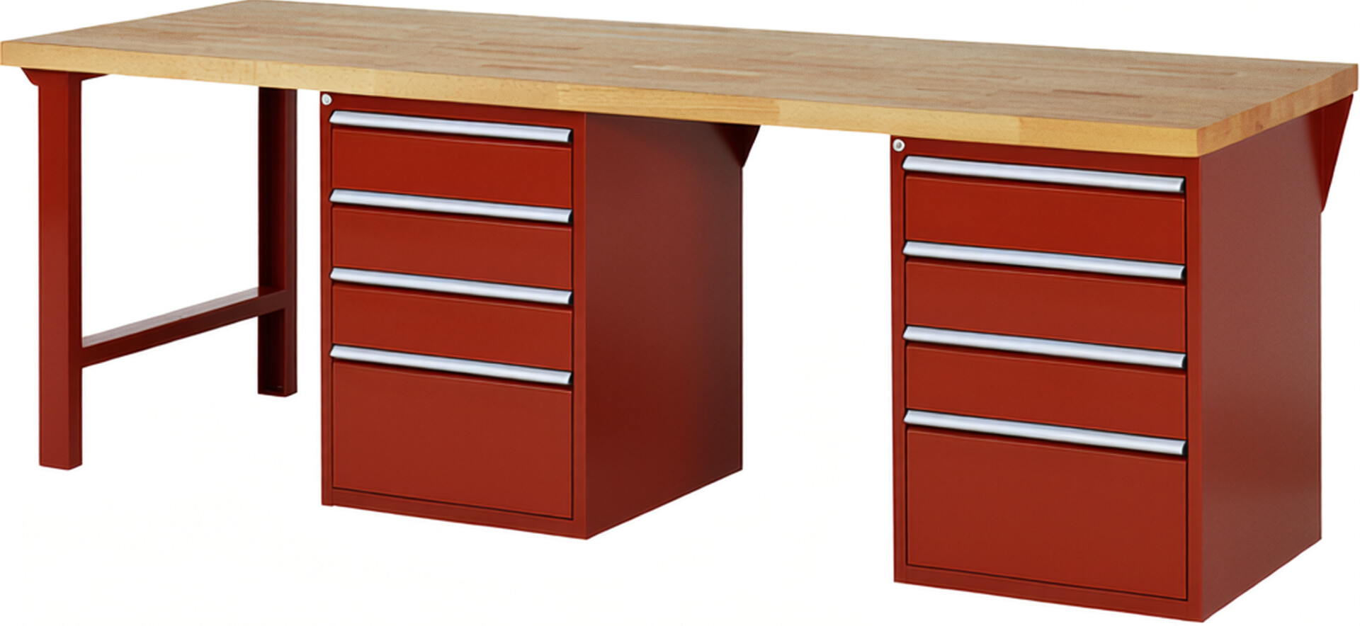 Werkbank Modell 7510 rot, BxTxH 2500x900x840 mm,  Buche-Massiv Arbeitsplatte 40 mm,  8 Schubladen mit  Auszug 90 %
