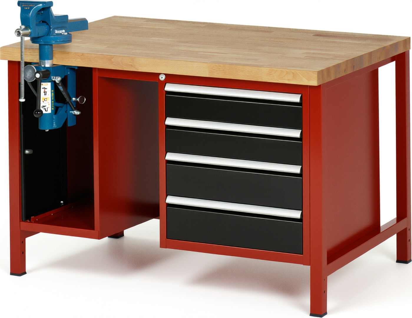 Werkbank Modell 8185 rot - schwarz, BxTxH 1250x900x840 mm,  Buche-Massiv Arbeitsplatte 40 mm,  4 Schubladen mit  Vollauszug 100 % und  SoftClosing