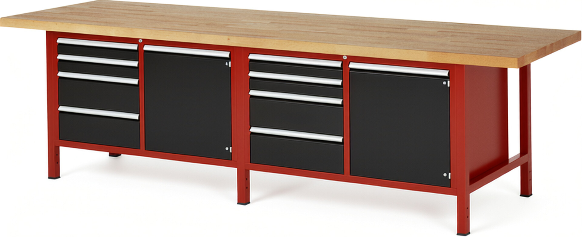 Werkbank Modell 8470 rot - schwarz, BxTxH 3000x900x840-1040 mm,  Buche-Massiv Arbeitsplatte 40 mm,  8 Schubladen mit  Auszug 90 %