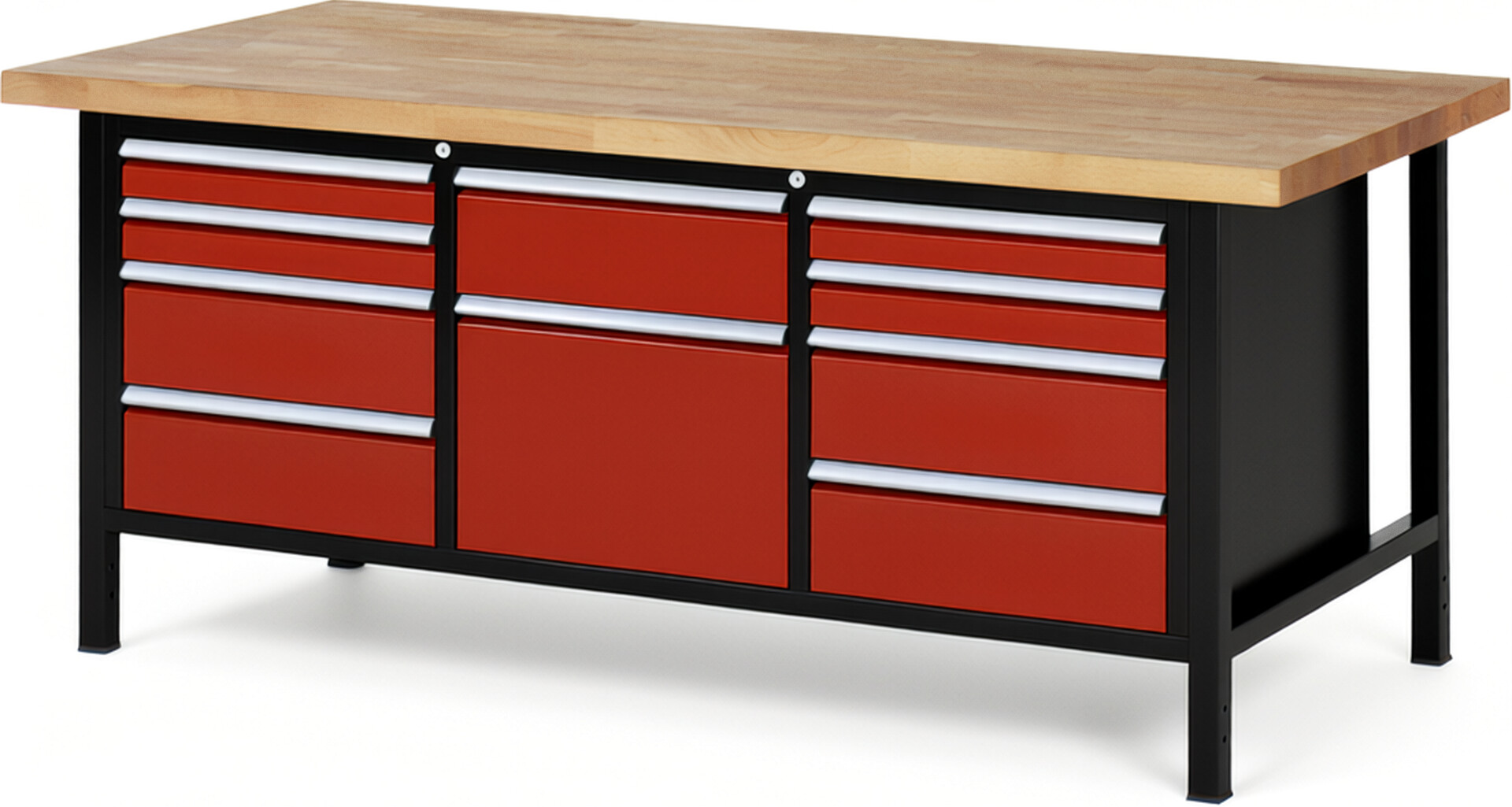 RAU Werkbank schwarz - rot - Breite 200 cm - Tiefe 90 cm - Höhe 104 cm - Buche-Massiv Arbeitsplatte 40 mm