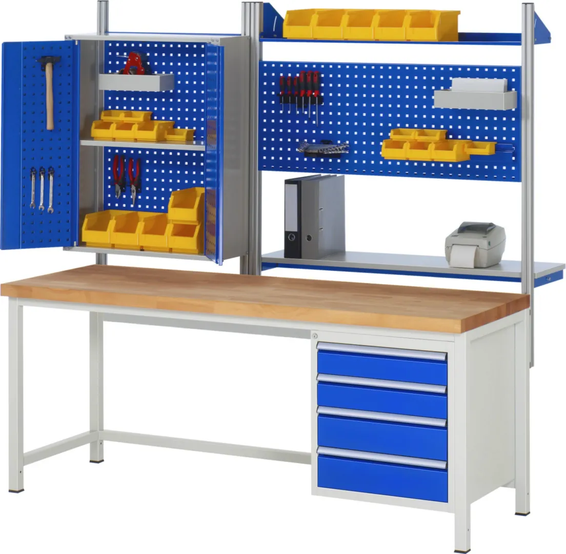 Werkbank Modell 8125 schwarz, BxTxH 2000x700x840-1040 mm,  Buche-Massiv Arbeitsplatte 40 mm,  2 Schubladen mit  Auszug 90 %