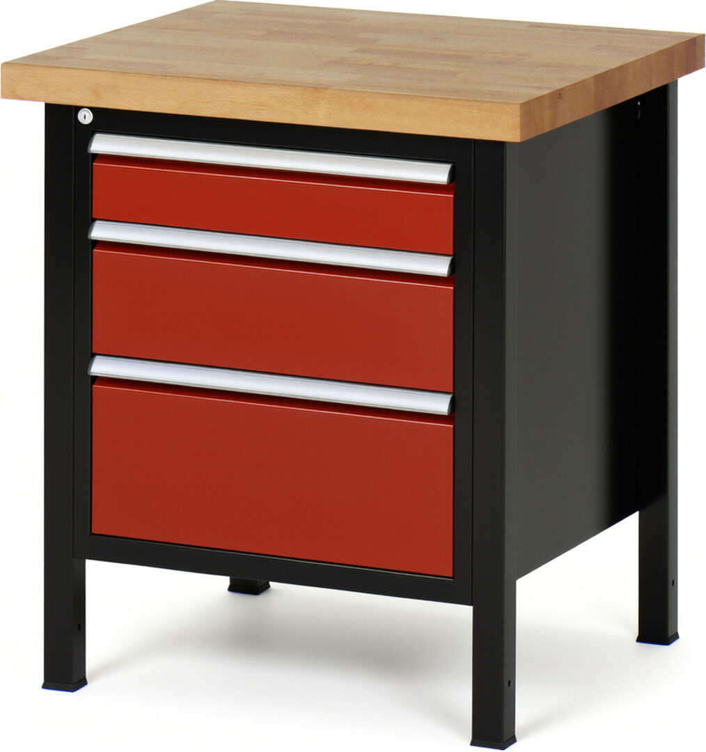 RAU Werkbank schwarz - rot - Breite 75 cm - Tiefe 70 cm - Höhe 104 cm - Buche-Massiv Arbeitsplatte 40 mm