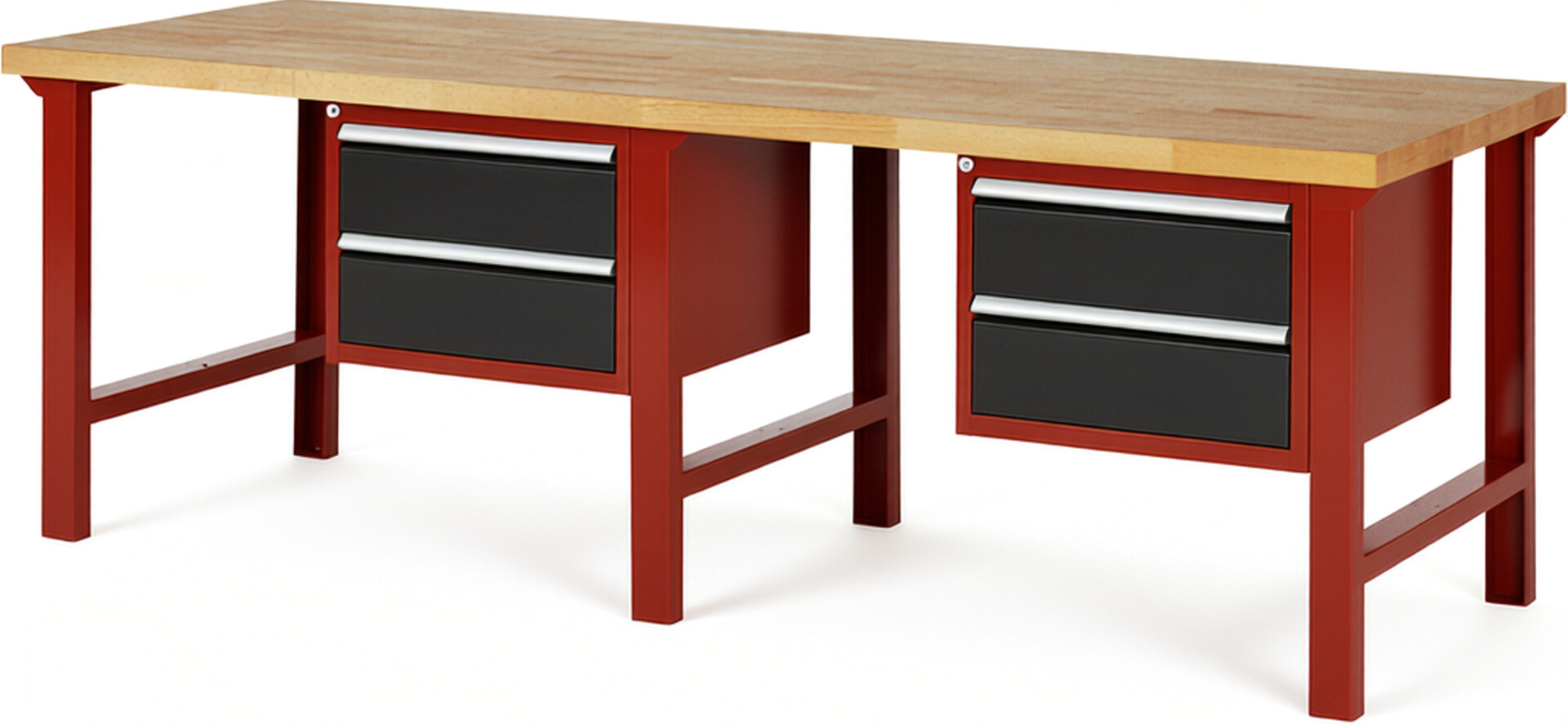 Werkbank Modell 7125 rot - schwarz, BxTxH 2500x900x840 mm,  Buche-Massiv Arbeitsplatte 40 mm,  4 Schubladen mit  Vollauszug 100 % und  SoftClosing